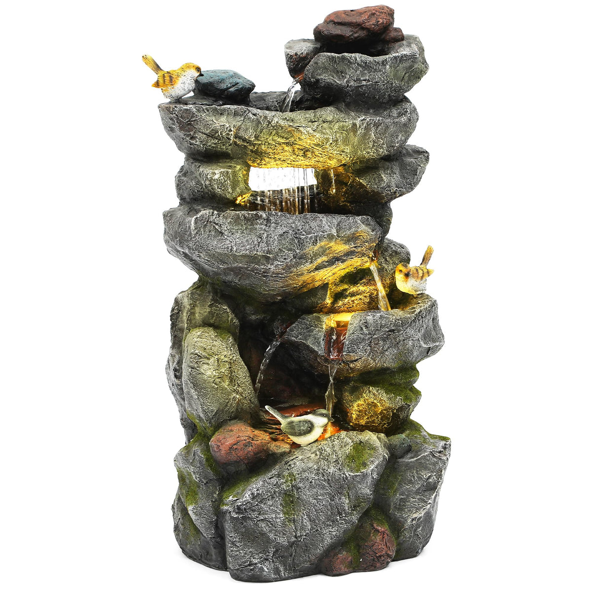 Ultym 31.5" Multi-Tier Rock Outdoor Water Fountain with LED Lights, Cascading Waterfall with Birds for Garden Patio Porch, Weather-Resistant Resin Water Feature for Tranquil Oasis