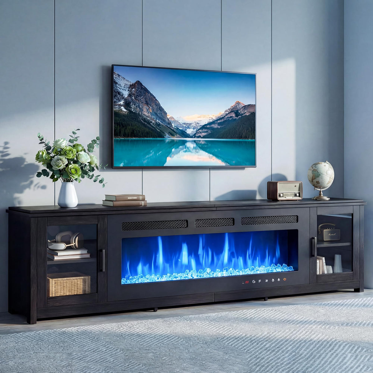 MXV 90" Fireplace TV Stand, Modern Entertainment Center with 60 Inch Electric Fireplace, Adjustable Shelf & Glass Door, Fire Place TV Console for Living Room, Black