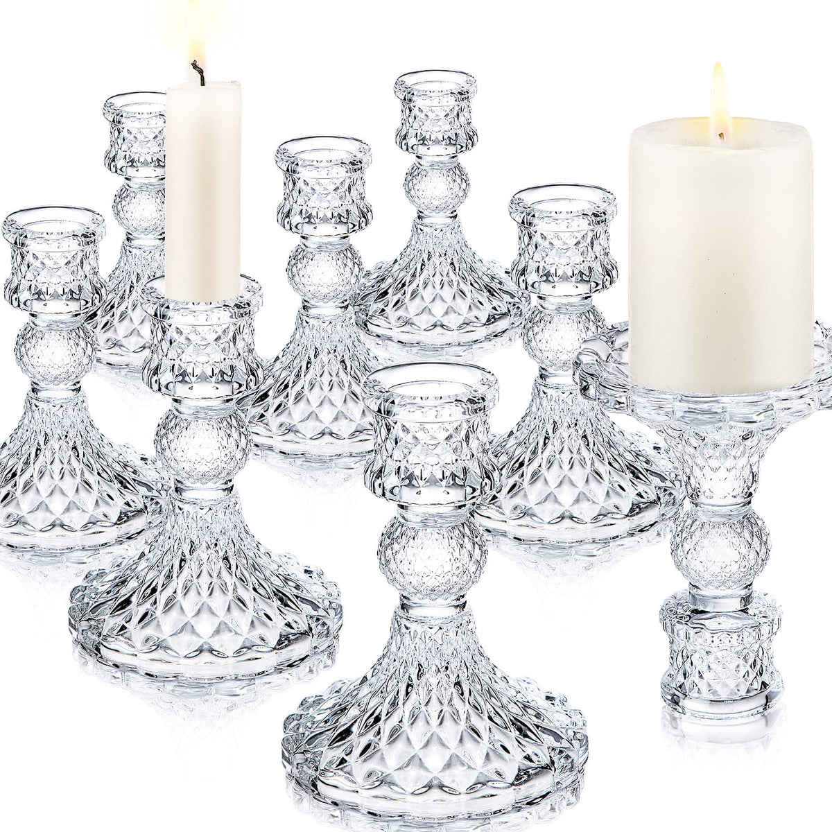 Sieral 24 Pcs Clear Taper Candle Holders 4'' Tall Glass Candlestick Holders Bulk Crystal Decorative Stand Wedding Stick Holder for Anniversary Party Dining Table Festival Decor