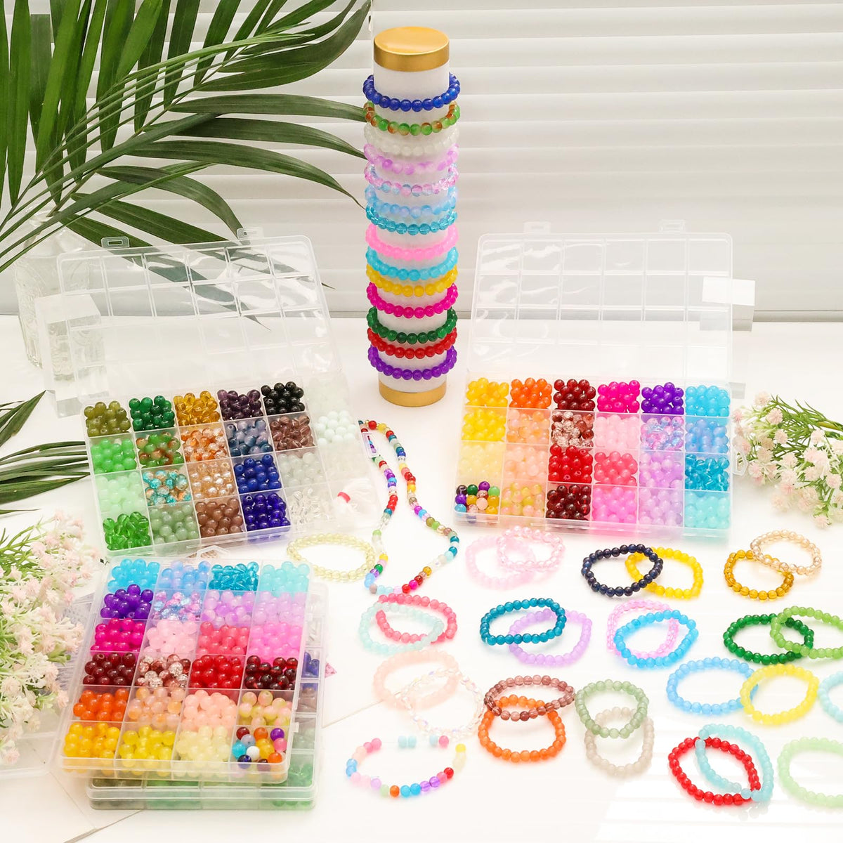 XSEINO 2400 PCS 8mm Glass Beads Bracelet Making Kit, 47 Colors Crystal Beads for Jewelry Making and DIY Crafts,4 Box Round Beads