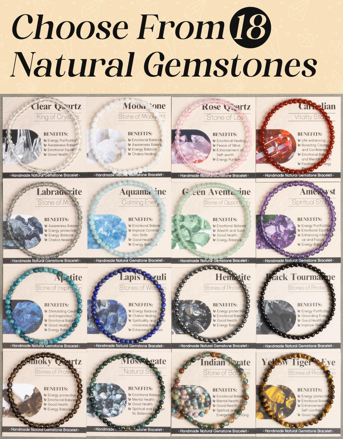 Landorilo Beaded Bracelet for Men Women, 4mm Natural Stone Black Tourmaline Healing Crystal Stretch Bracelets, Ideal Christmas Birthday Jewelry Gifts with Energy Card,Replacement Beads Included