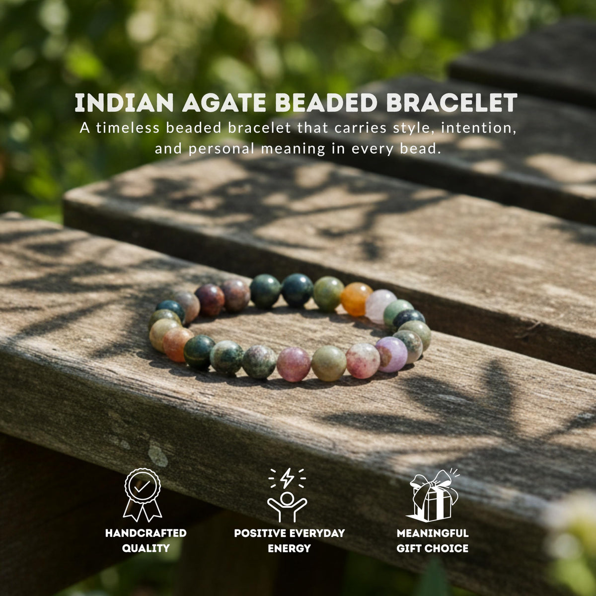 Cherry Tree Collection Indian Agate Beaded Bracelet – Genuine 8mm Gemstone Stretch Bracelet for Men & Women – Handmade Crystal Bracelet - (Indian Agate - S)