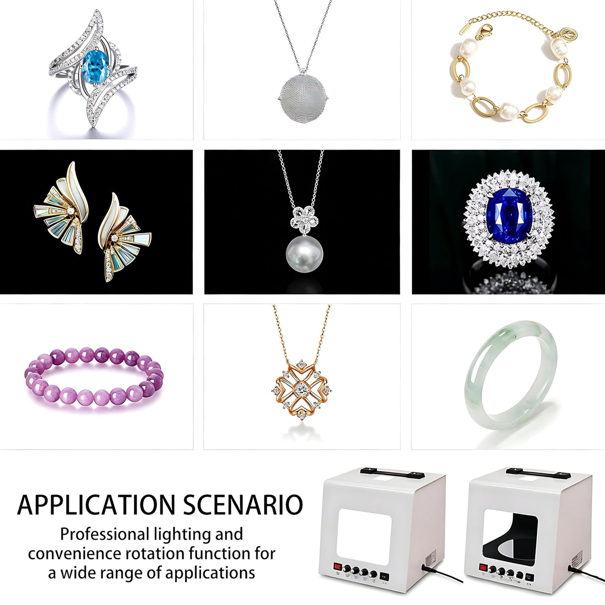 QIUNAOZI Jewelry Hanging Photography Kit, Pro Jewelry Photography Light Box Kit, Turntable Diameter 11/15cm, 4pcs Fill Lights, with 360° Electric Rotating Feature, for Jewelry, Small Items White-TB30