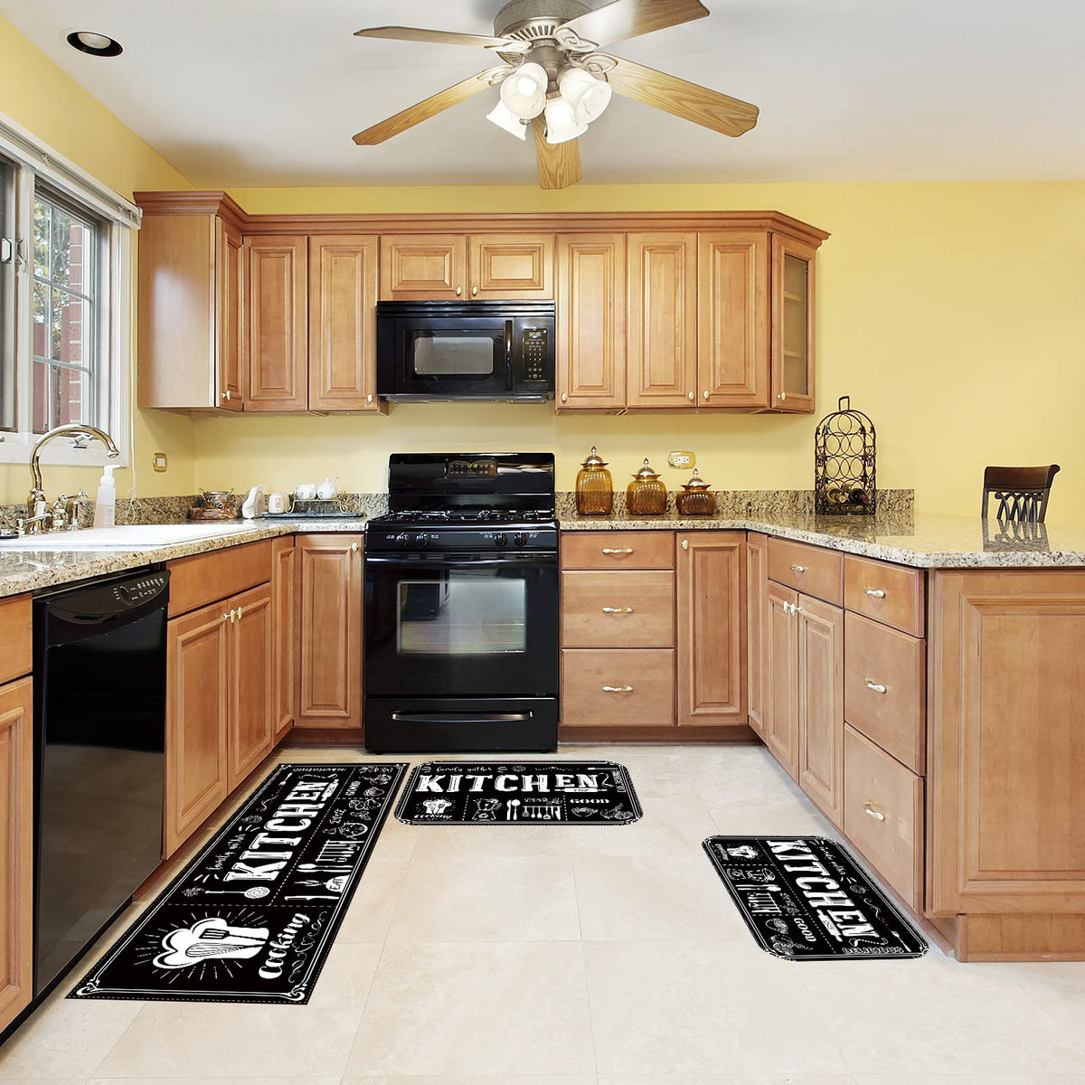 Sinmoe 3 Pcs Kitchen Rug Set Non Skid Thick Black Kitchen Rugs and Mats Stain Resistant Anti Fatigue Mats for Microfiber Floor Non Slip Backing Mat, 15.7" x 47.2", 15.7" x 23.6"