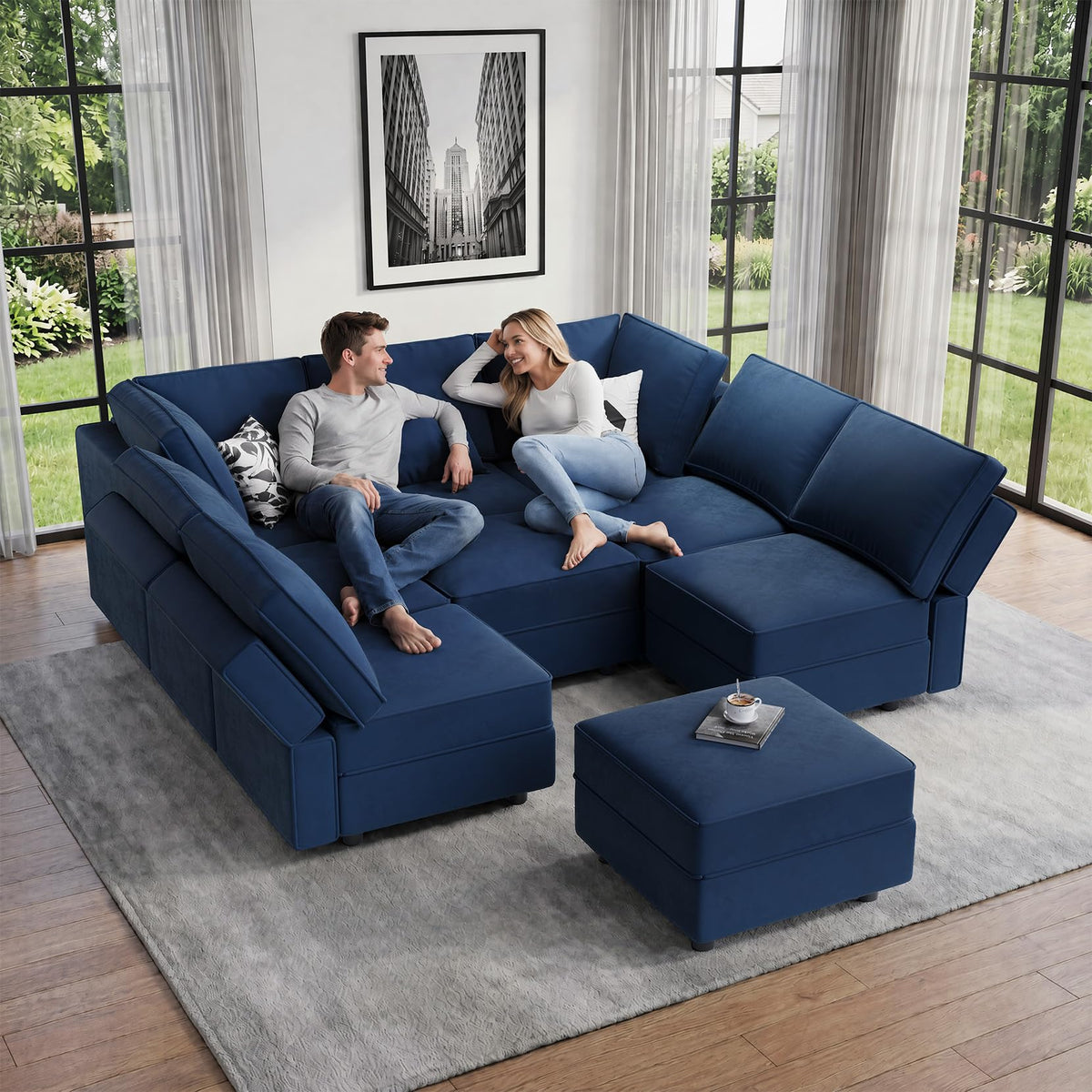 Vesgantti Modular Sofa Bed with Storage, 92" Sleeper Sofas with 9 Seats Storage Chaises Removable Cover, Luxury Large Velvet Sectional Couch Set for Living Room, Apartment, Home Theater, Blue