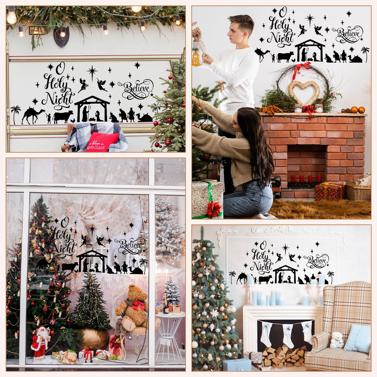 Chinco Large Christmas Nativity Scene Wall Decor Stickers Nativity Vinyl Wall Decal Christmas Decorations Religious Murals Modern for Xmas Room Decor, Black (O Holy Night)