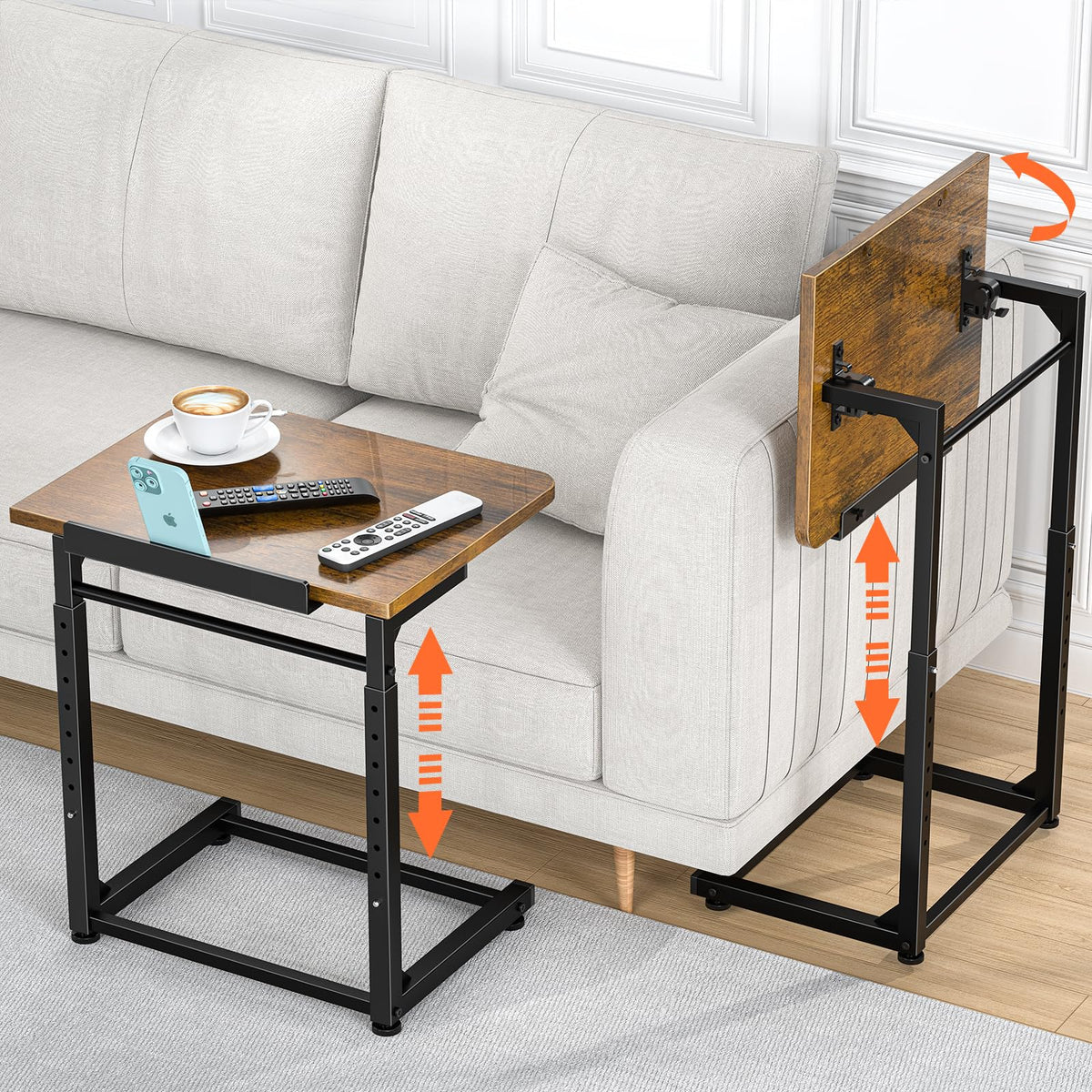 Tv Tray Table Set of 2, 8-Level Adjustable Height Couch Side Table,90° Tilt Angle Adjustments C-Shaped End Table, with Phone & Tablet Slot Sofa Computer Desk for Couch, Sofa, Bed, Chair, Living Room