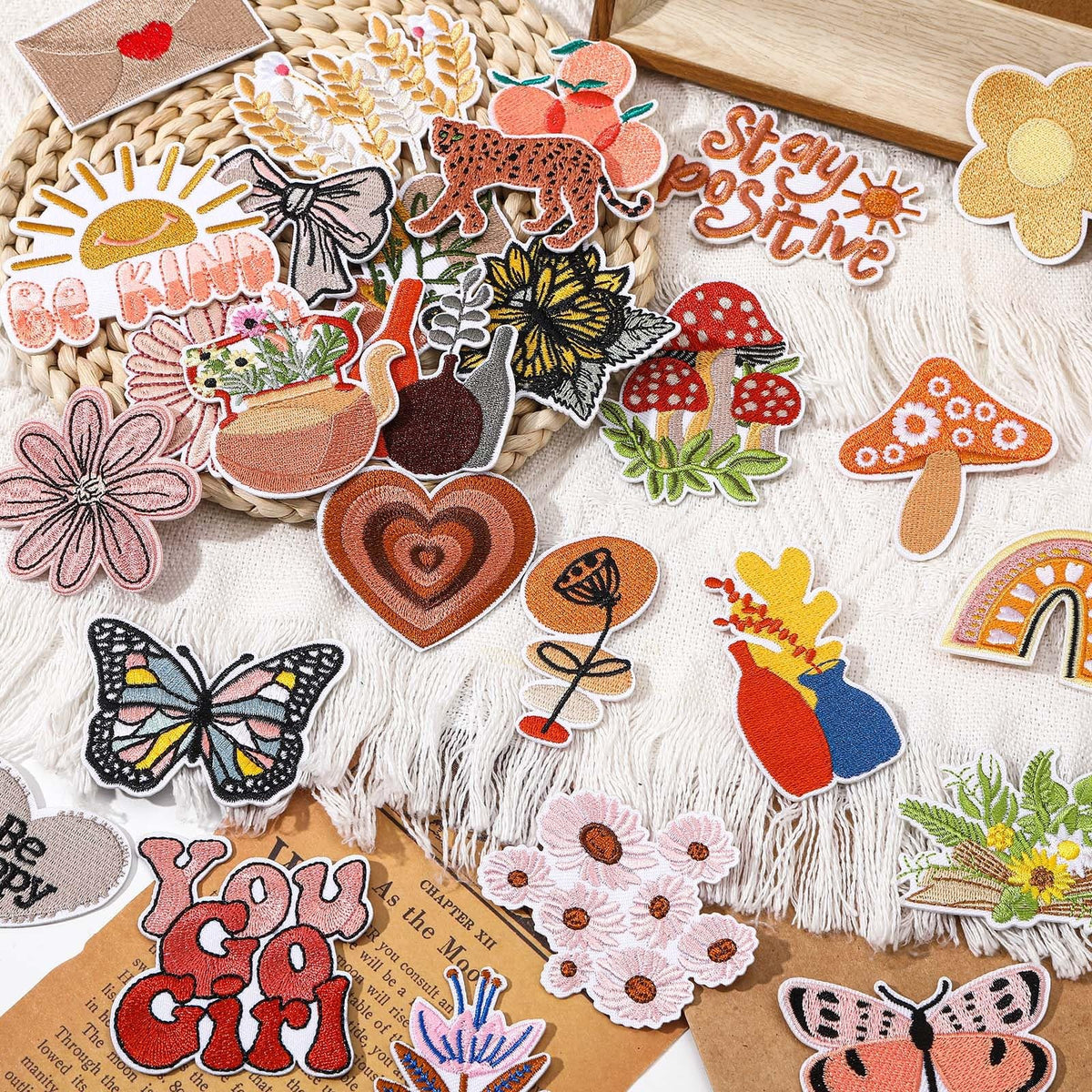 AUGSUN 36-Pack Vintage Iron On Patches, Boho Iron On Patches Girly Aesthetic Embroidered Patch, Cute Boho Sew On Applique Patches for Clothes, Hat, Backpack, Jackets