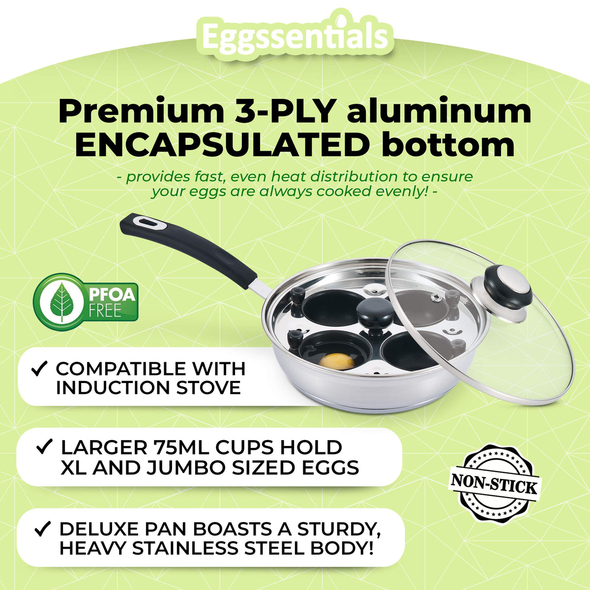 Eggssentials Pancake Batter Dispenser - Poached Egg Maker, Stainless Steel Egg Poaching Pan