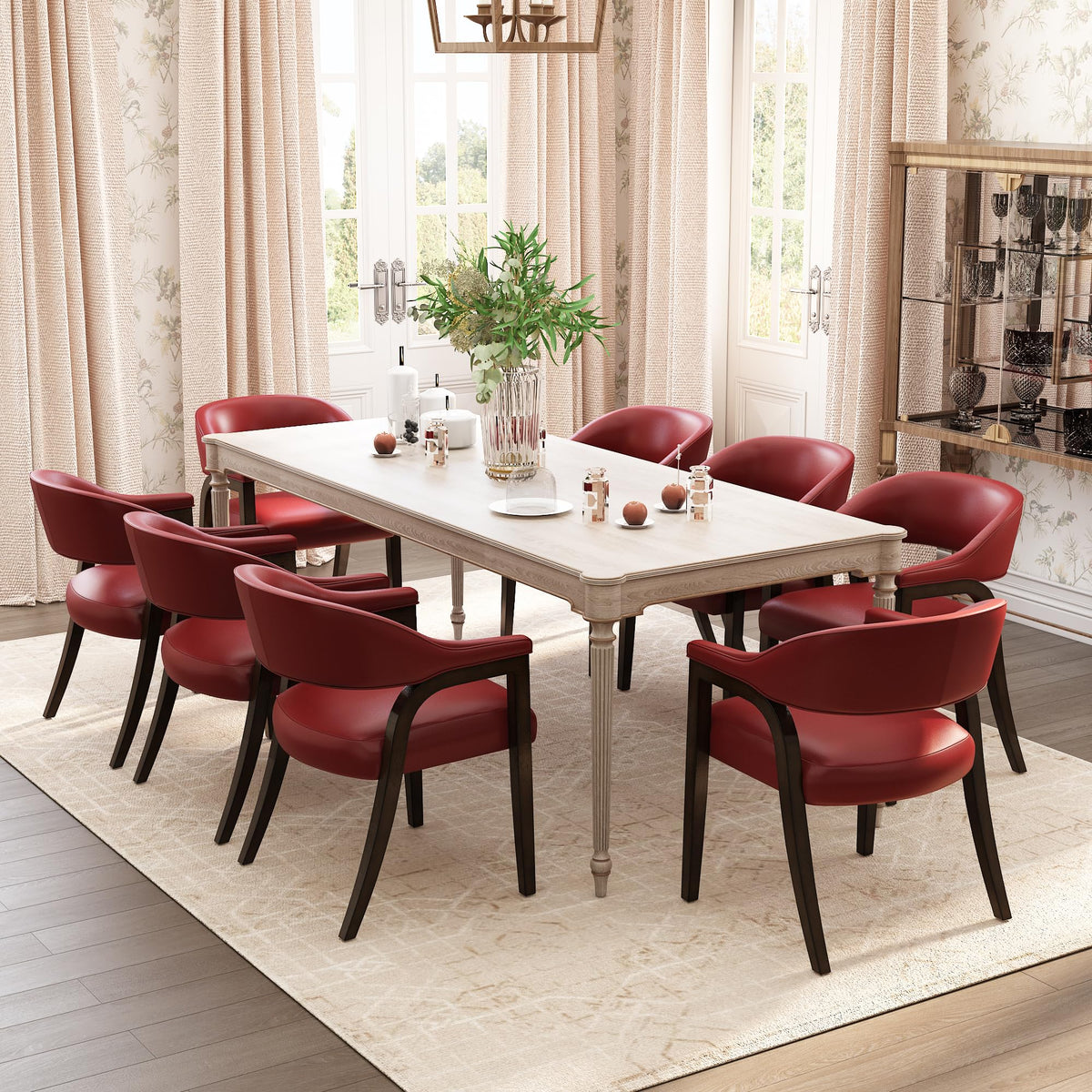 Upholstered Barrel Dining Chair Set of 4, 17.72"H Faux Leather Dining Room Chair with Arms Open-Back Dining Chairs w/ Wood "R" Legs Comfy Accent Side Chairs for Home Kitchen, Wine Red(NO TABLE!)