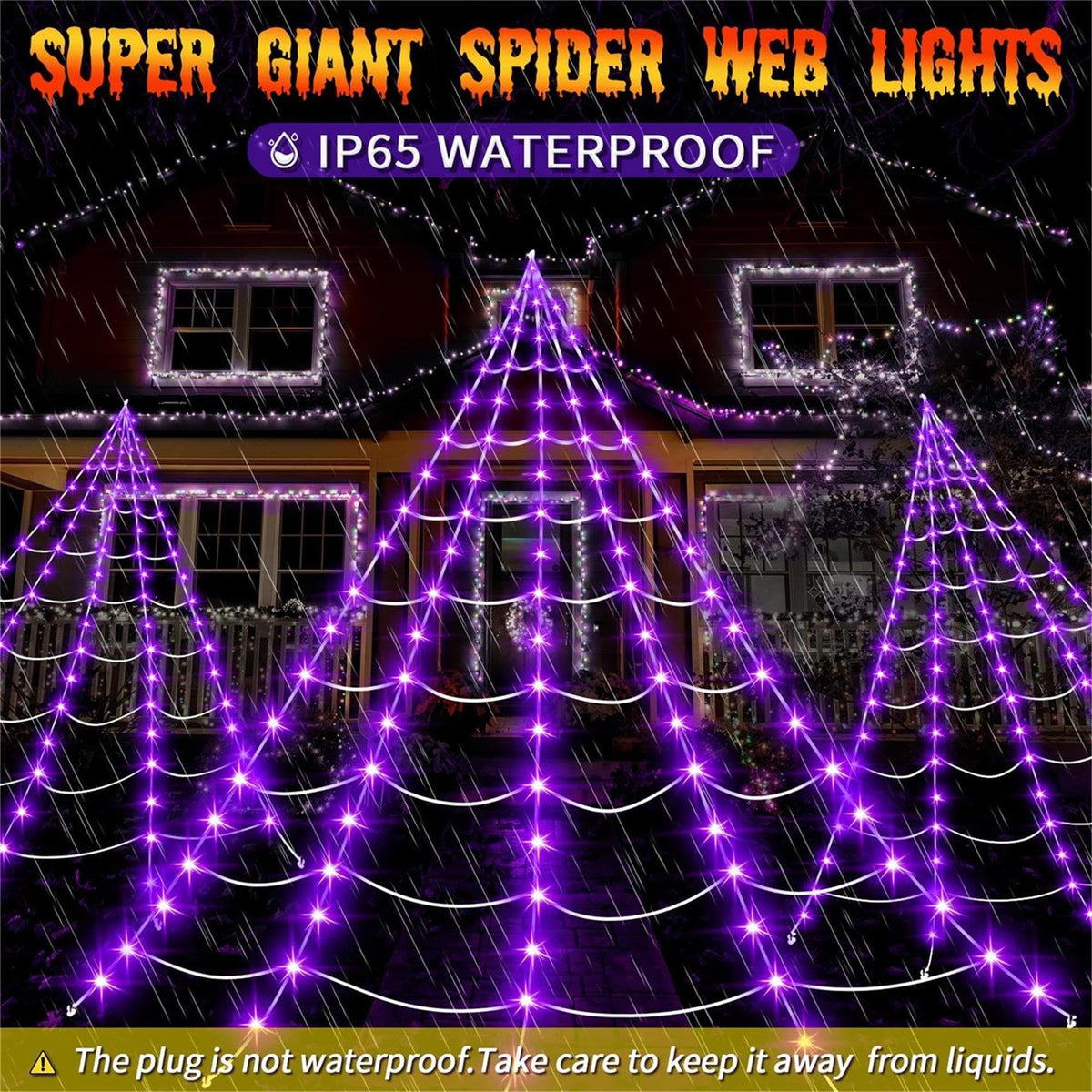 uesreaxy Halloween Decorations Outdoor, 250LED 23x18 FT Giant Spider Web with Purple Lights, Lighted Triangular Black Spider Web with Sturdy Wire, Waterproof, Timer, 8 Modes for Yard Halloween Décor