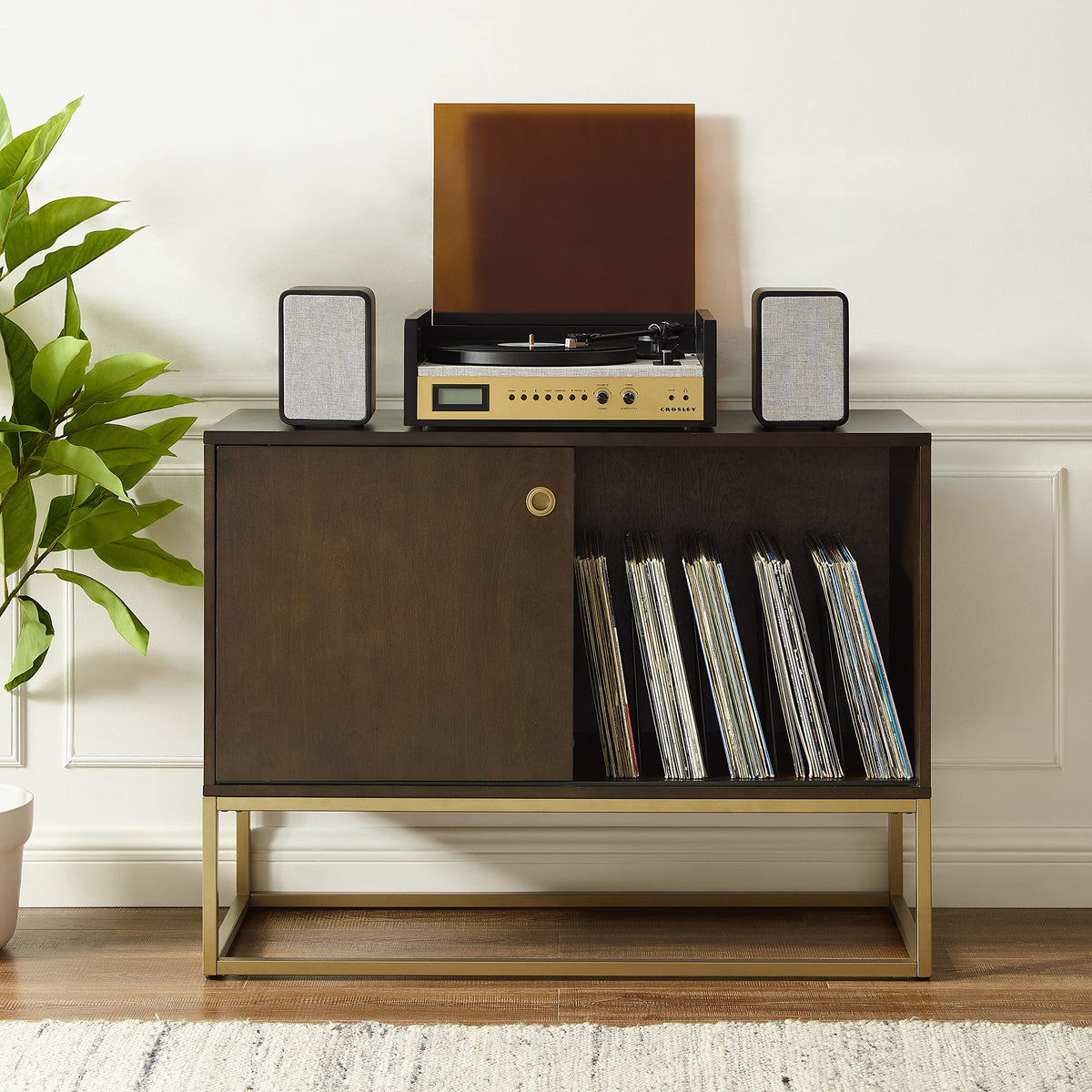 Crosley Furniture Byron Media Console and Record Player Stand with Storage for Vinyl Records, Dark Brown/Gold
