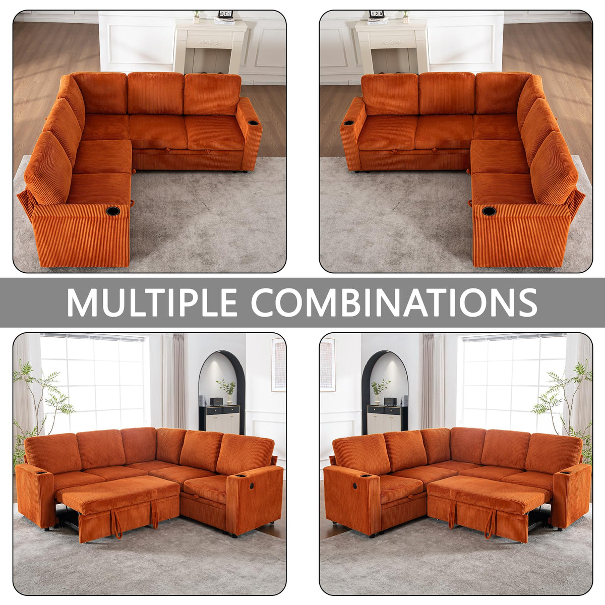 KEIKI 83" 4Seat Modular Sectional Sleeper Pull Out Bed Corduroy Sofa Couch with Chaise Storage Reversible USB Cup Holders for Creative Studio Modern Soft Bedroom Family Friendly Quality Design Orange
