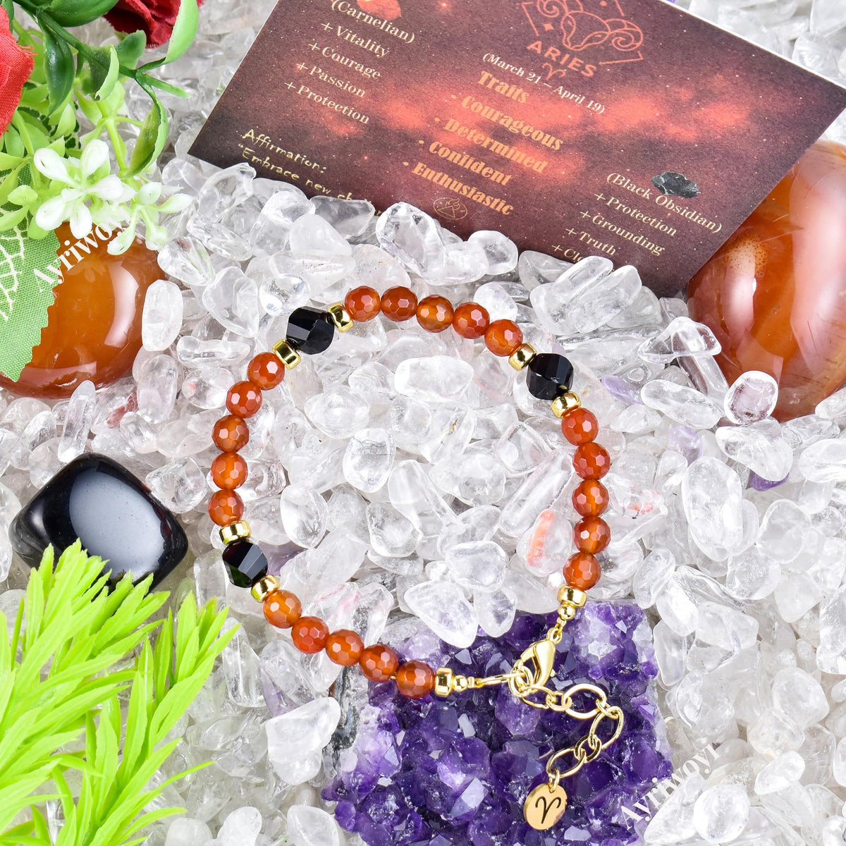 Ayriwoyi Aries Zodiac Bracelet for Women Carnelian Black Obsidian Healing Stone Beaded Bracelet Constellation Horoscope Jewelry Gifts for Women