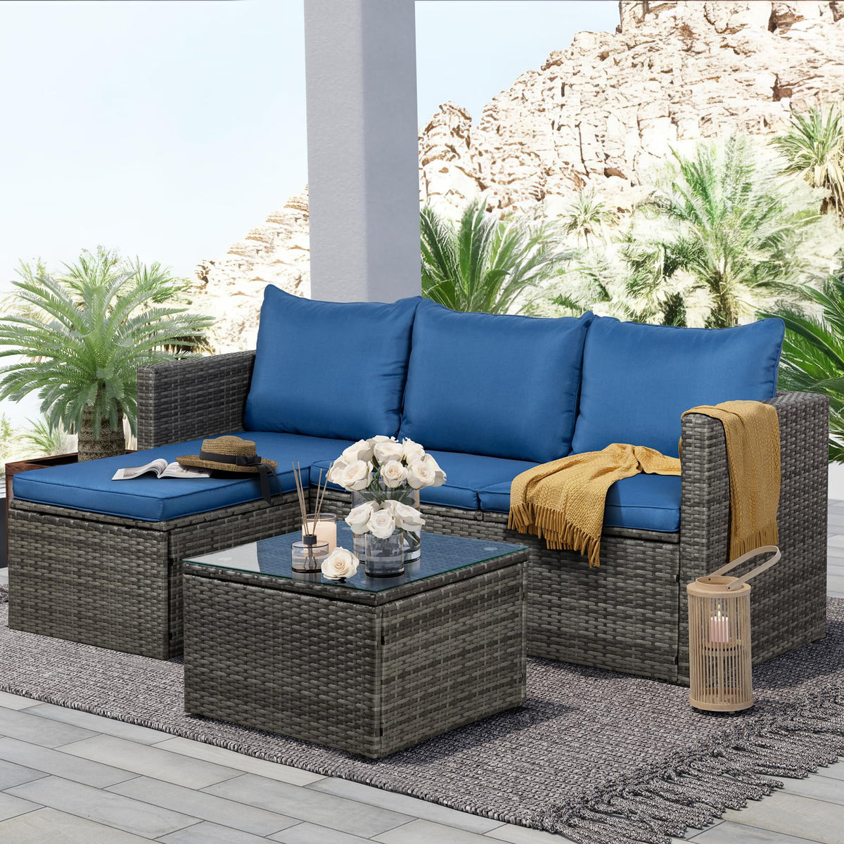 SUNLEI Small Outdoor Sofa Patio Furniture Set with Detachable Cushions, 3 PCS Patio Sectional Sofa with Coffee Table & 5 Position Adjustable,PE Rattan Patio Conversation Set, Silver Rattan/Royal Blue