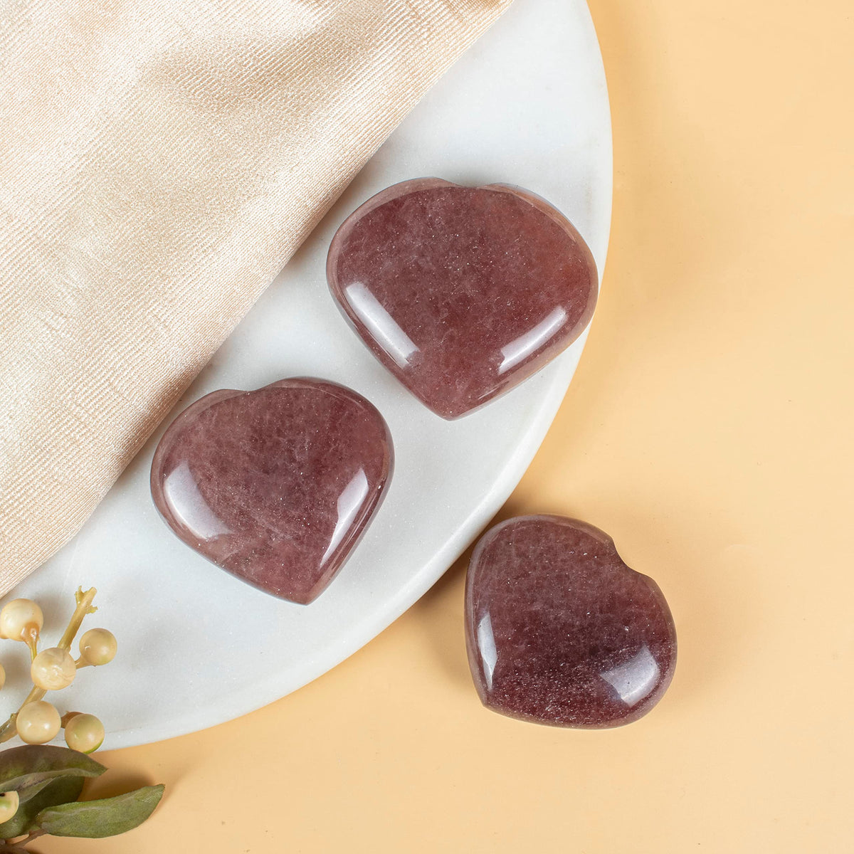 Crocon 50mm Strawberry Quartz Heart stone Big Heart Shape Puff Stones Set 450+ Carats Pocket Crystal Healing Tumble Collection Palm Worry Stone Good Luck Charm Meditation Gift Craft Home Decor