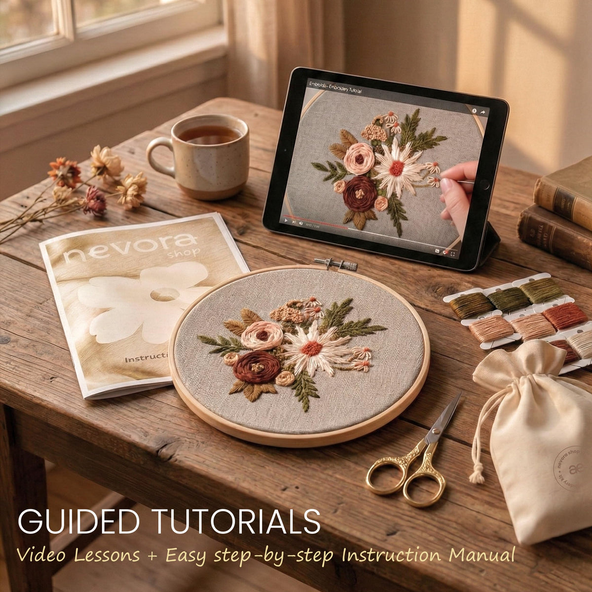nevora shop 3 Hoop Embroidery Kit for Beginners Adults - Learn 32 Stitches with 3 Progressive Projects, Stamped Patterns, Video Tutorial & Free Organizer Bag.