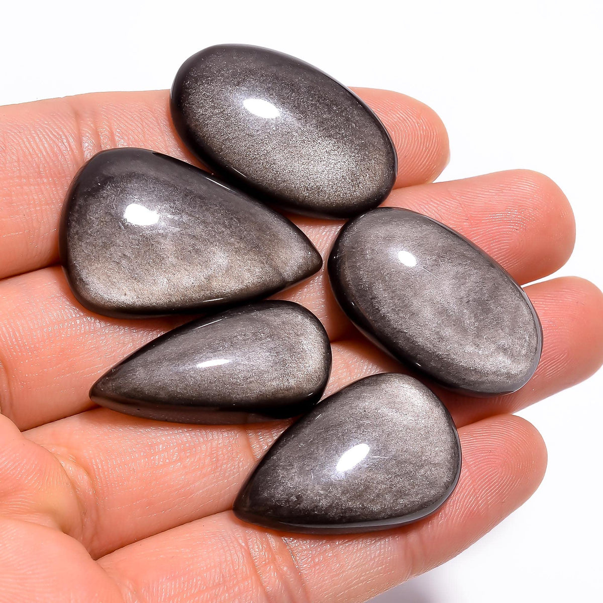Natural Silver Obsidian Gemstone- Healing Crystals for DIY Jewelry Making -Loose Natural Cabochon -Perfect for Crafting Unique Jewelry Designs (5 pcs, 25-35 mm)