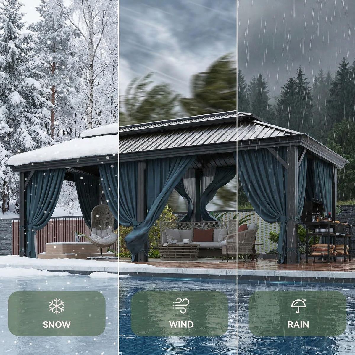 HOTEEL 12x20 Gazebo on Clearance with Metal Roof, Heavy Duty Hardtop Gazebo with Flame-Retardant Curtain & Netting, Outdoor Hard Top Gazebos with Galvanized Steel Double Roof for Backyarad,Patio Black
