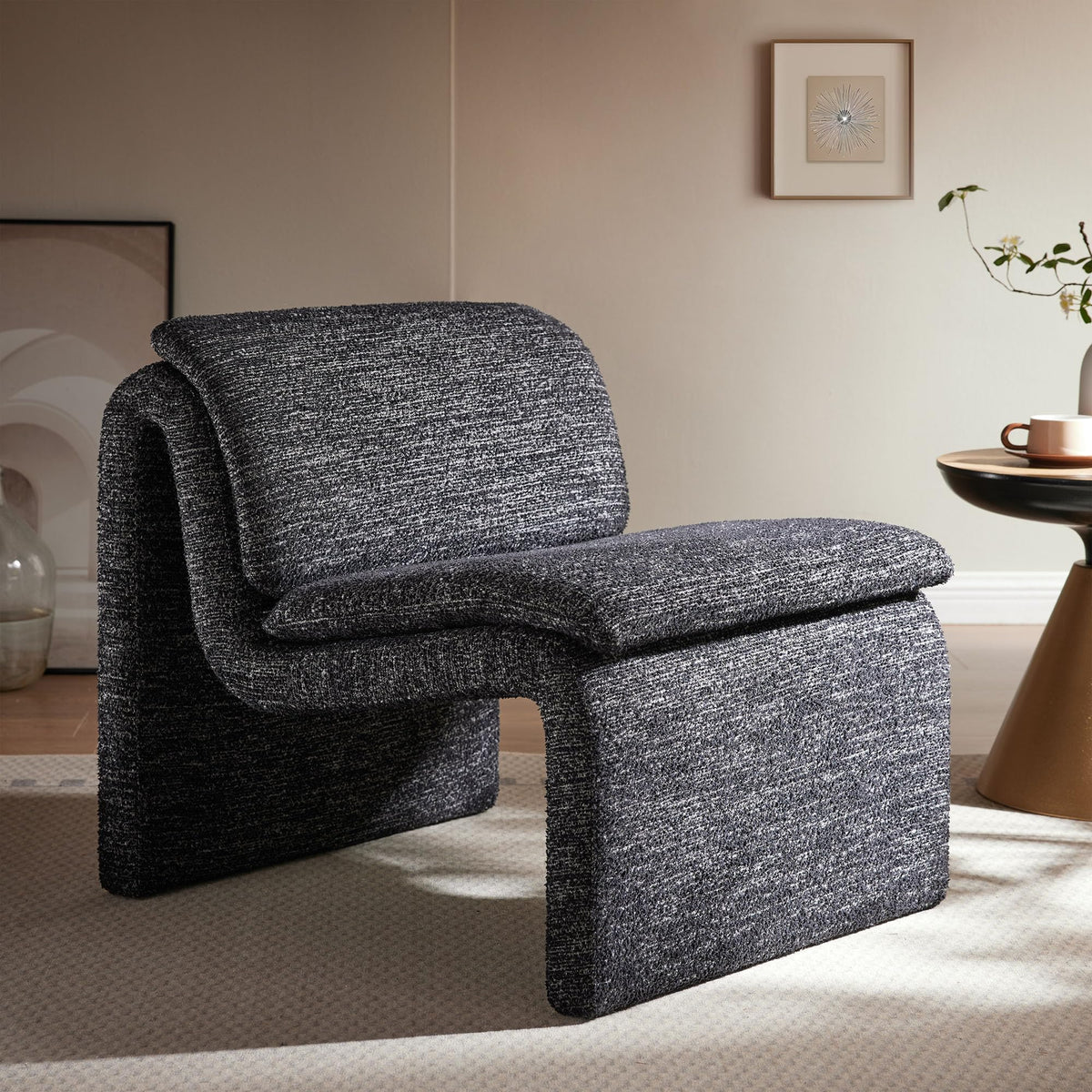 Modway Lume Curved Lounge Chair in Charcoal Boucle Fabric – Modern Upholstered Armless Accent Chair with Padded Cushion - Unique Slipper Chair for Bedroom or Living Room