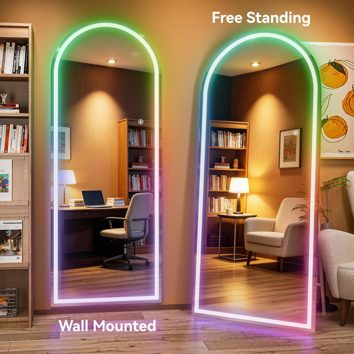 Hasipu Arch Full Length Mirror 75 x 28 in with Stand — Arch LED RGB Full Body Mirror, 7 Lighting Modes, Dimmable, Built‑in Bluetooth Speaker, White Frame for Bedroom Dressing Room