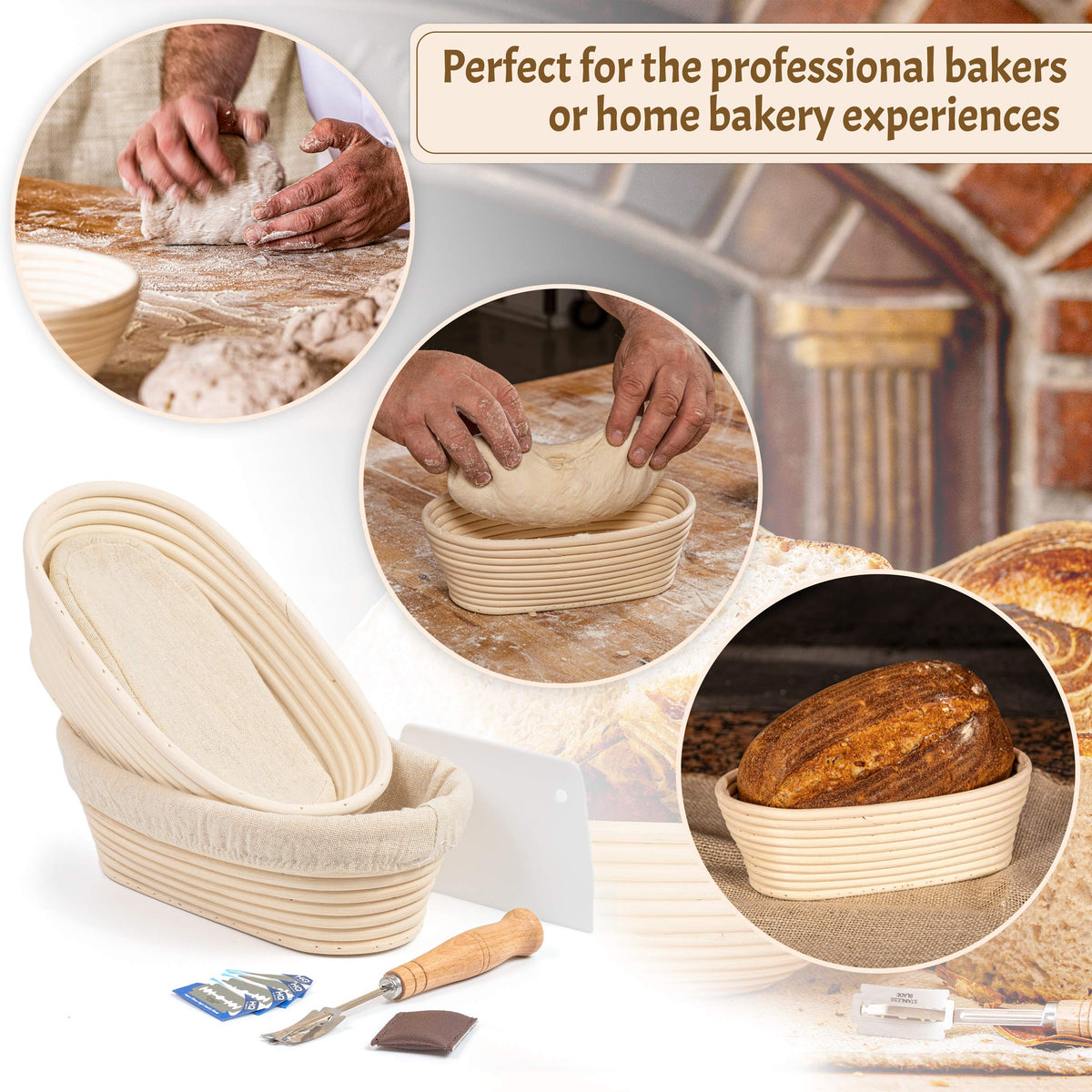CRISS ELITE 11" Oval Banneton Proofing Basket Set of 2 - Sourdough Starter Kit with Bread Lame, Danish Whisk, Metal & Bowl Scrapers, Cleaning Brush - Professional Artisan Baker Gift Set