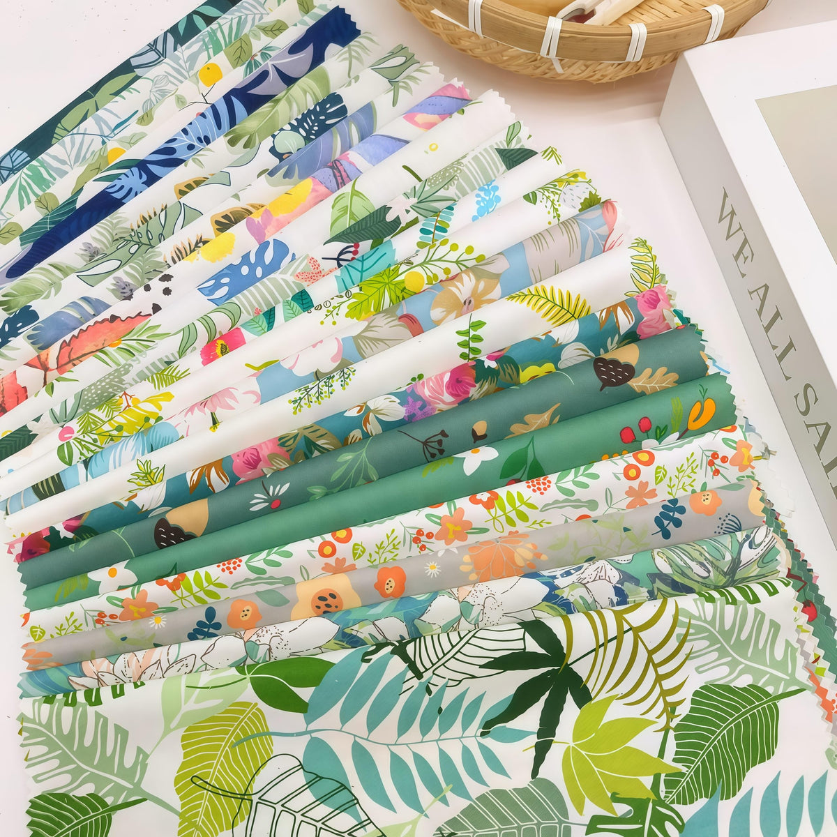 iMZOON 22Pcs 10" Fabric Squares No Repeat Precut Cotton, Wavy Edge Quilting Supplies, Perfect DIY Sewing Supplies Leaf Green Patchwork