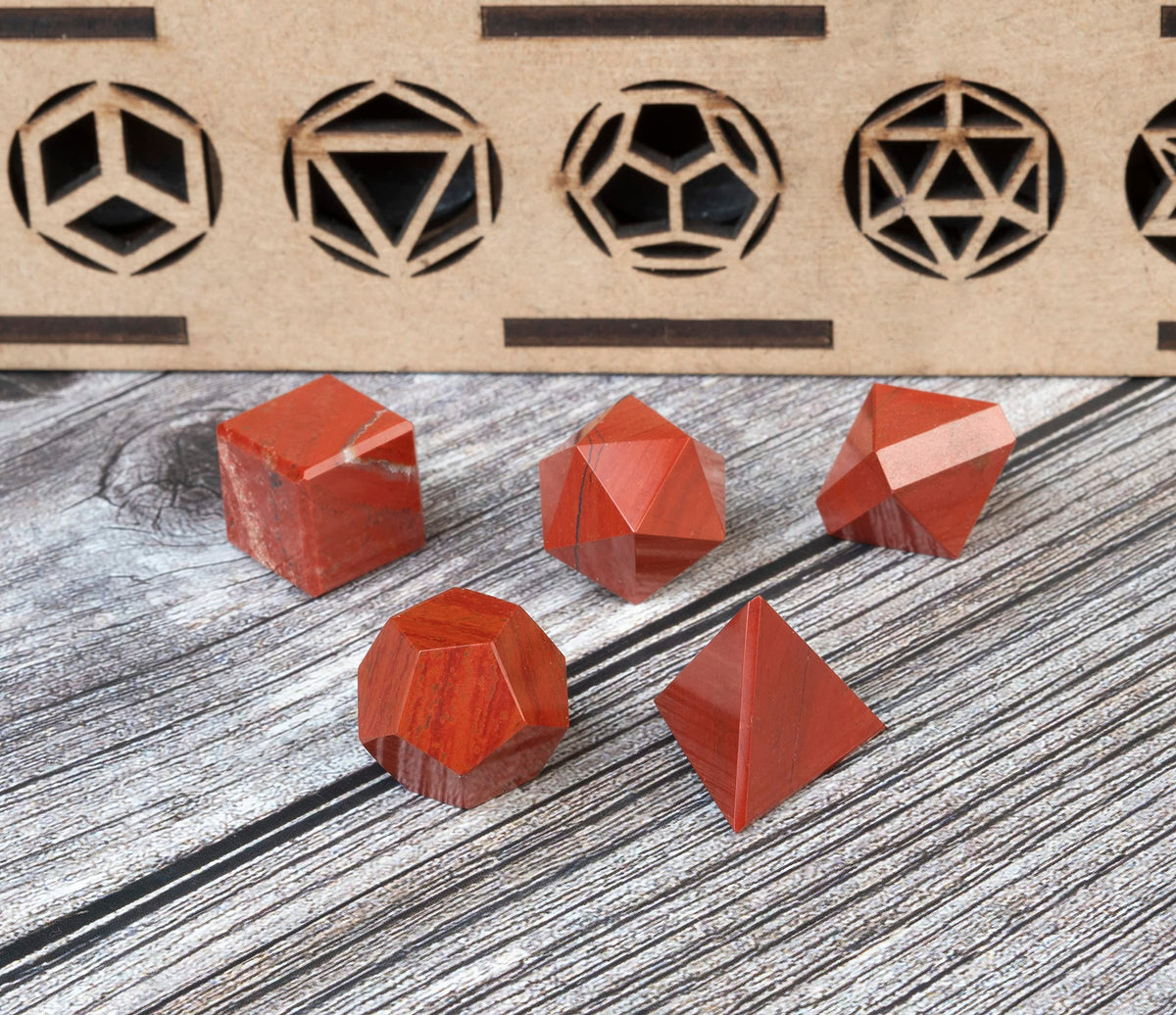 Crocon Red Jasper 5Pcs Platonic Solids Crystal Geometry Set, Platonic Solids Sacred Geometric Stones for Meditation Reiki Balancing Healing Chakra Stone Cleansing Spiritual Good Luck (1520 mm)