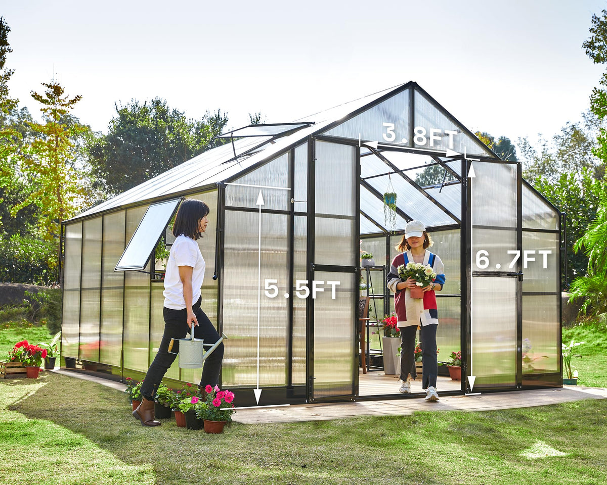 AMERLIFE 12x13.5x9 FT Walk-in Backyard Greenhouse, Aluminum Frame with Polycarbonate Panels, Easy Quick-Connect Assembly, 6.7 FT Bronze Double Doors, 4 Ventilation Windows, Black