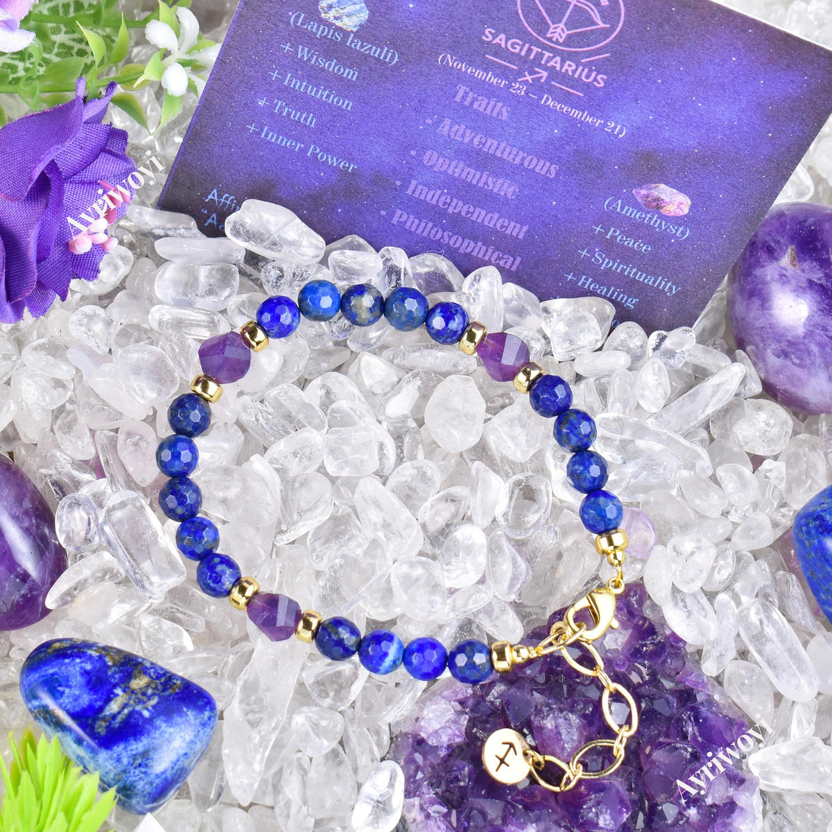 Ayriwoyi Sagittarius Zodiac Bracelet Energy Spiritual Bracelet Lapis Lazuli Amethyst Stone Beads Bracelet with Handmade Astrology Jewelry Gift for Men Women