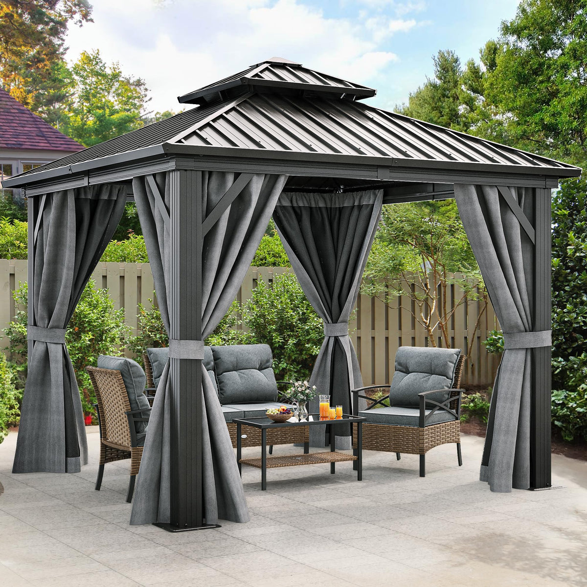 YITAHOME 10X10FT Hard Top Metal Gazebo Patios Double Roof Canopy Aluminum Frame Garden Gazebo Tent Curtains Netting for Patios Backyards Decks Lawns Gray