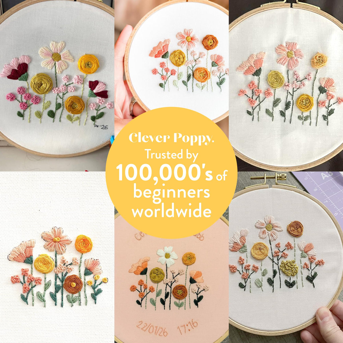 Clever Poppy Sunset Meadow Beginner Embroidery Kit – Easy Embroidery Kit for Beginners with Hoop, Thread & Patterns – Hand Embroidery Kit for Adults and Teens – Complete Embroidery Starter Kit