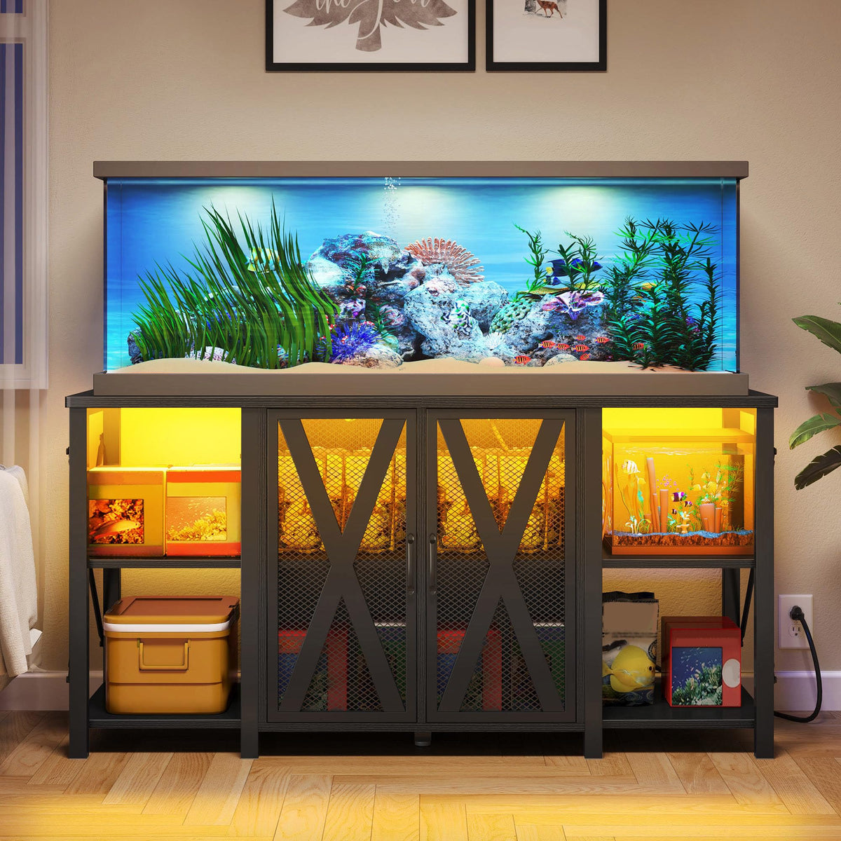 DWVO Reptile Tank Stand Aquarium Stand with Power Outlet & LED Light, 75/90/120 Gallon Terrarium Stand Cabinet - Heavy Duty Fish Tank Stand for Turtle Tank, Reptile Terrarium, 2000LBS Capacity, Black