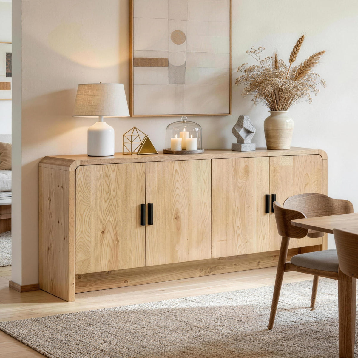 Finnhomy 68'' Sideboard Buffet Cabinet with Storage, Curved Design Credenza Storage Cabinet with 4 Doors, Console Cabinet for Kitchen, Living Room & Hallway, Natural