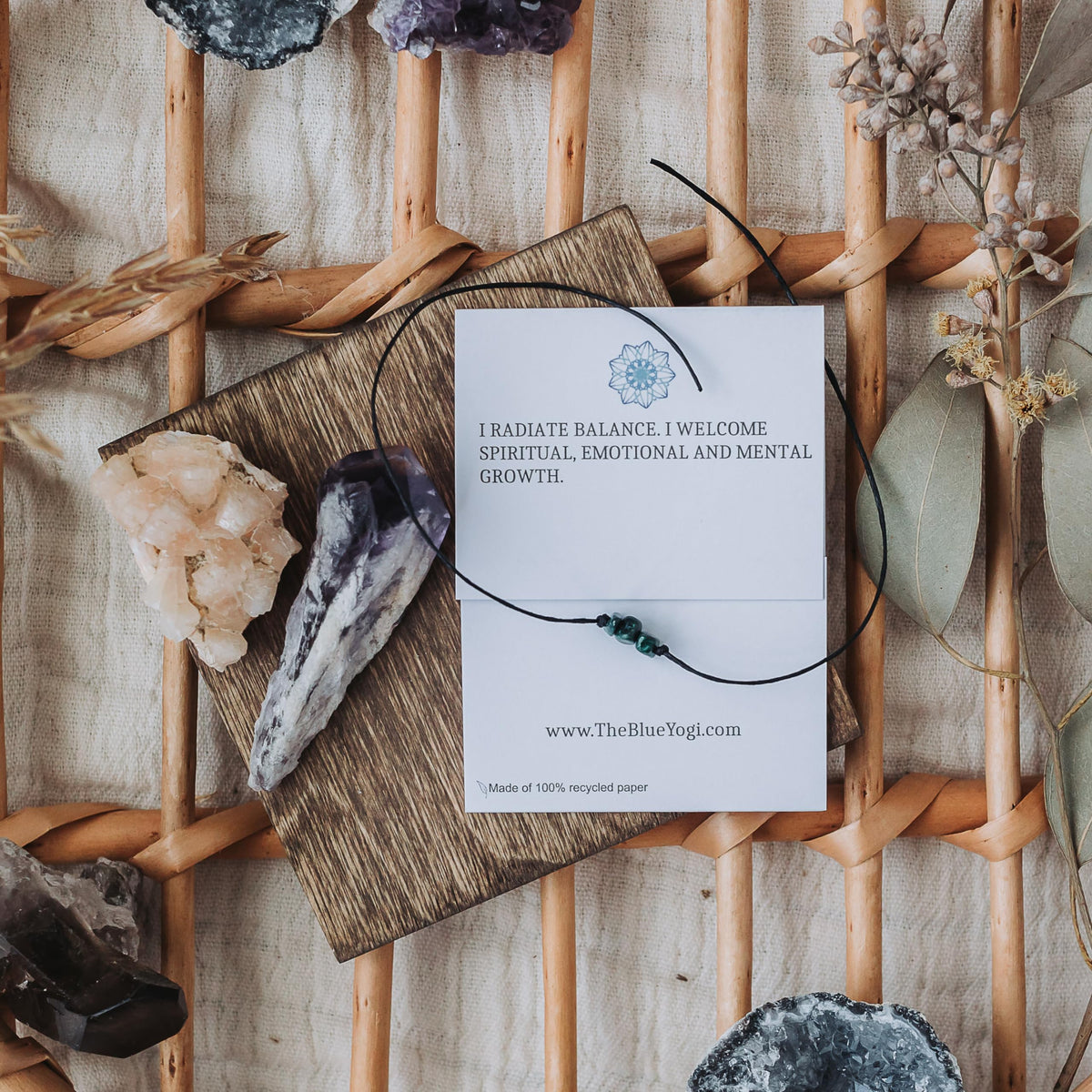 The Blue Yogi Malachite Healing Bracelet Anklet, Adjustable Cord Crystal Bracelet for Women Men, Spiritual Protection Jewelry with Affirmation Card