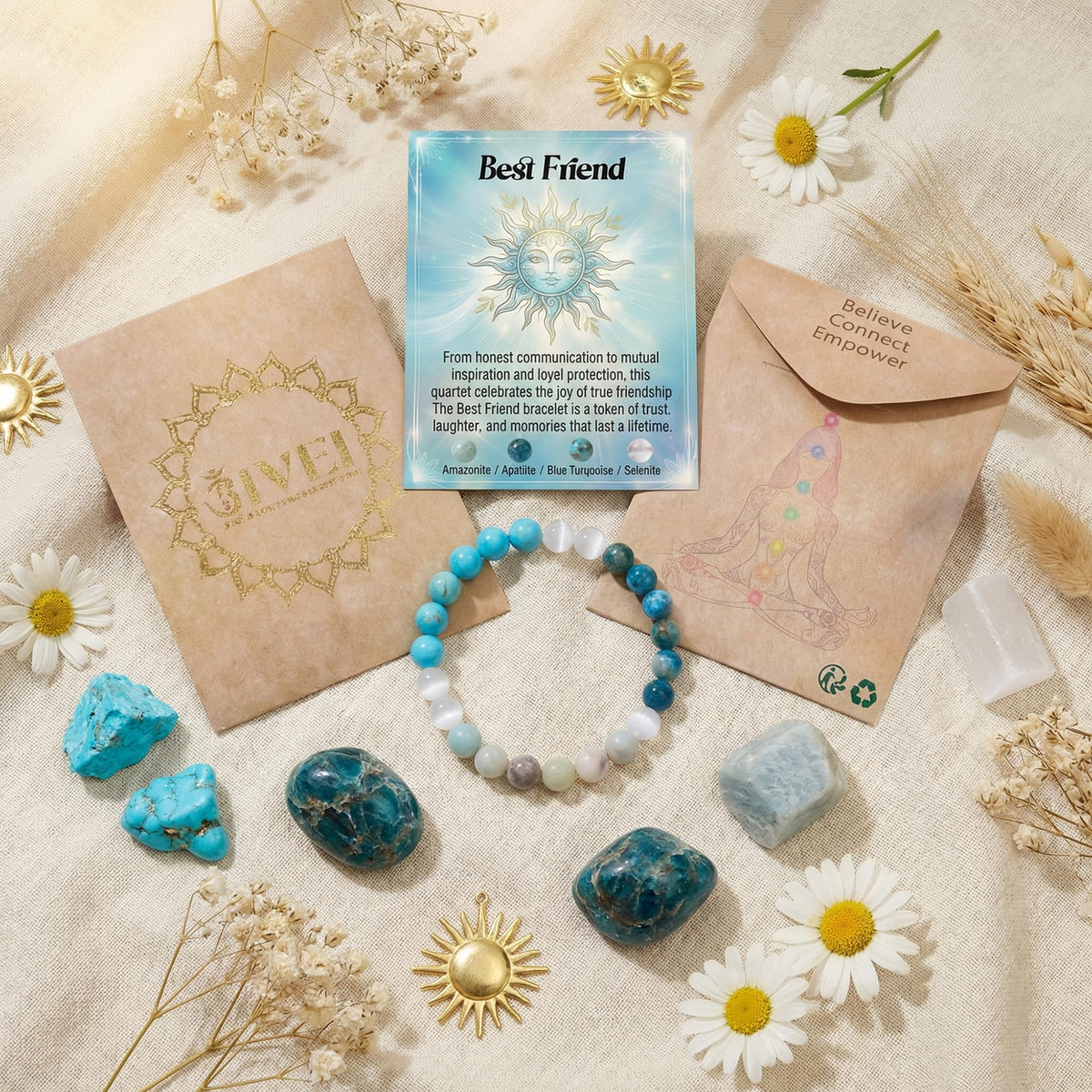 Bivei Best Friend Bracelet, Strength Crystal Healing Bracelet 8MM with Amazonite & Apatite & Blue Turquoise & Selenite - Spiritual Stretch Beaded Jewelry for Women Men Gift