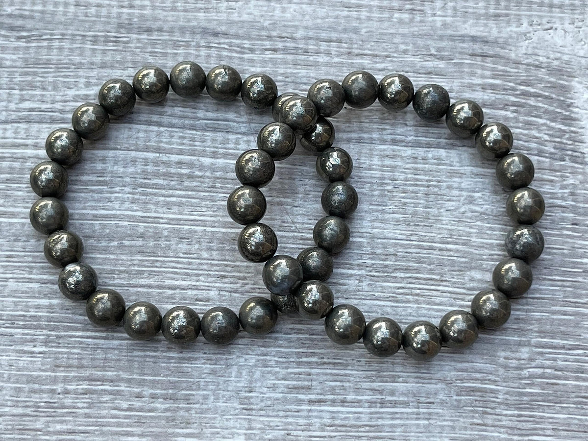 GAF TREASURES Pyrite Crystal Bead Bracelet 8mm, Genuine Pyrite Stretch Gemstone Bracelet, Healing Crystal Bracelet, Gift for Men & Women (1)