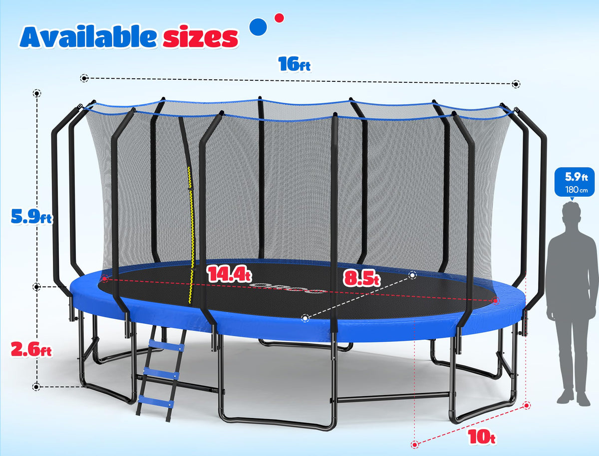 ORCC Oval Trampoline for Kids, 10x16FT Outdoor Trampoline with Safety Net - Recreational Gymnastics Trampolin, 1200LBS Capacity, Heavy-Duty Galvanized Steel Frame Yard Trampolines
