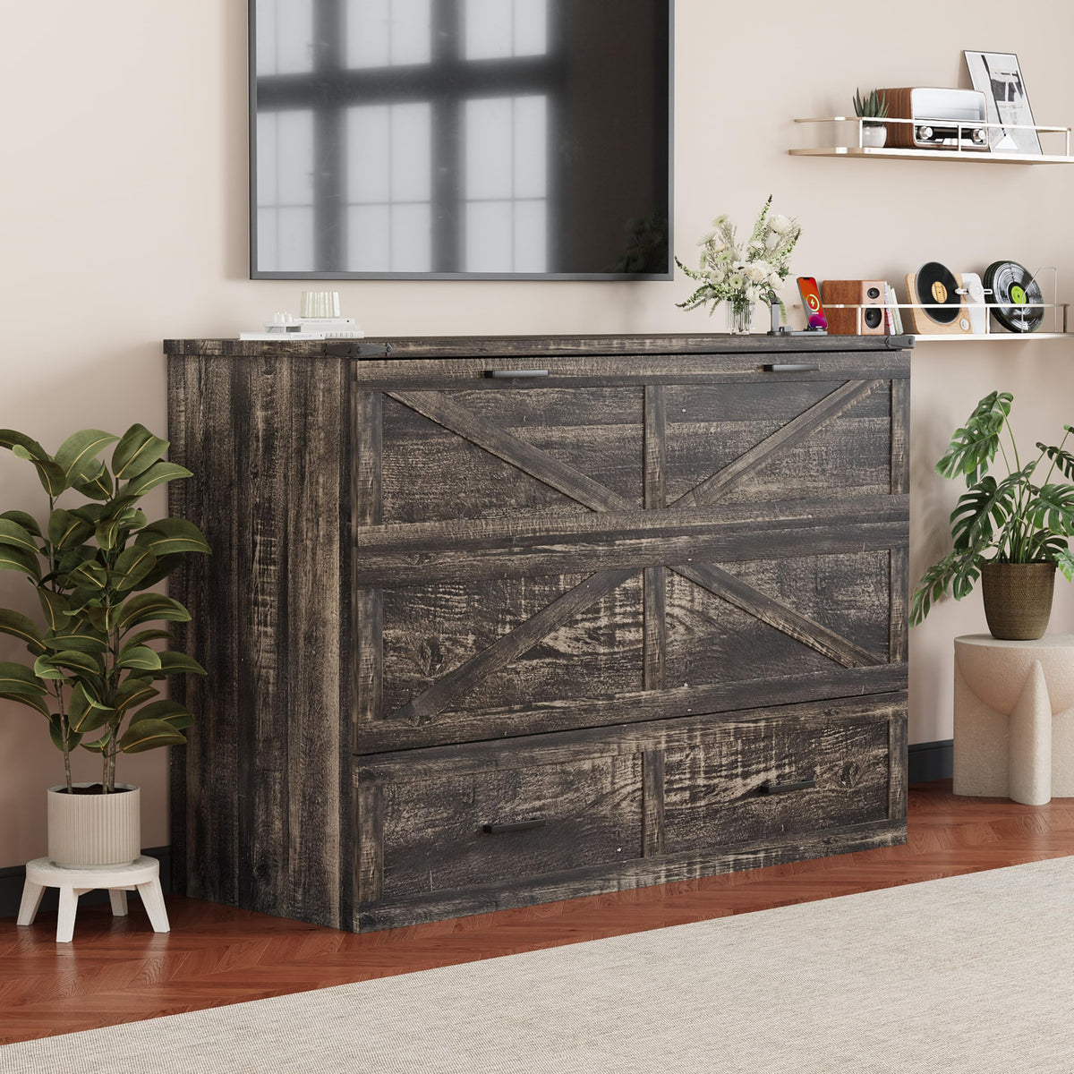 Queen Murphy Bed with Charging Station,Farmhouse Murphy Beds w/Large Storage Drawer,Hideaway Foldable Platform Bed for Guest Bedroom, Living Room, Office,Small Room,Pull Out Bedframe,Grey