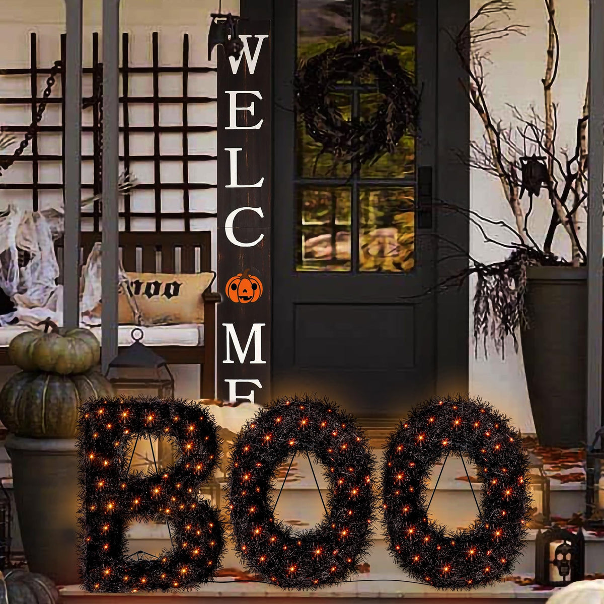 ATDAWN 3 Piece Outdoor Boo Sign Halloween Decoration, Lighted Boo Yard Display Set, Boo Yard Sign for Halloween Indoor Lawn Decor, Black & Orange