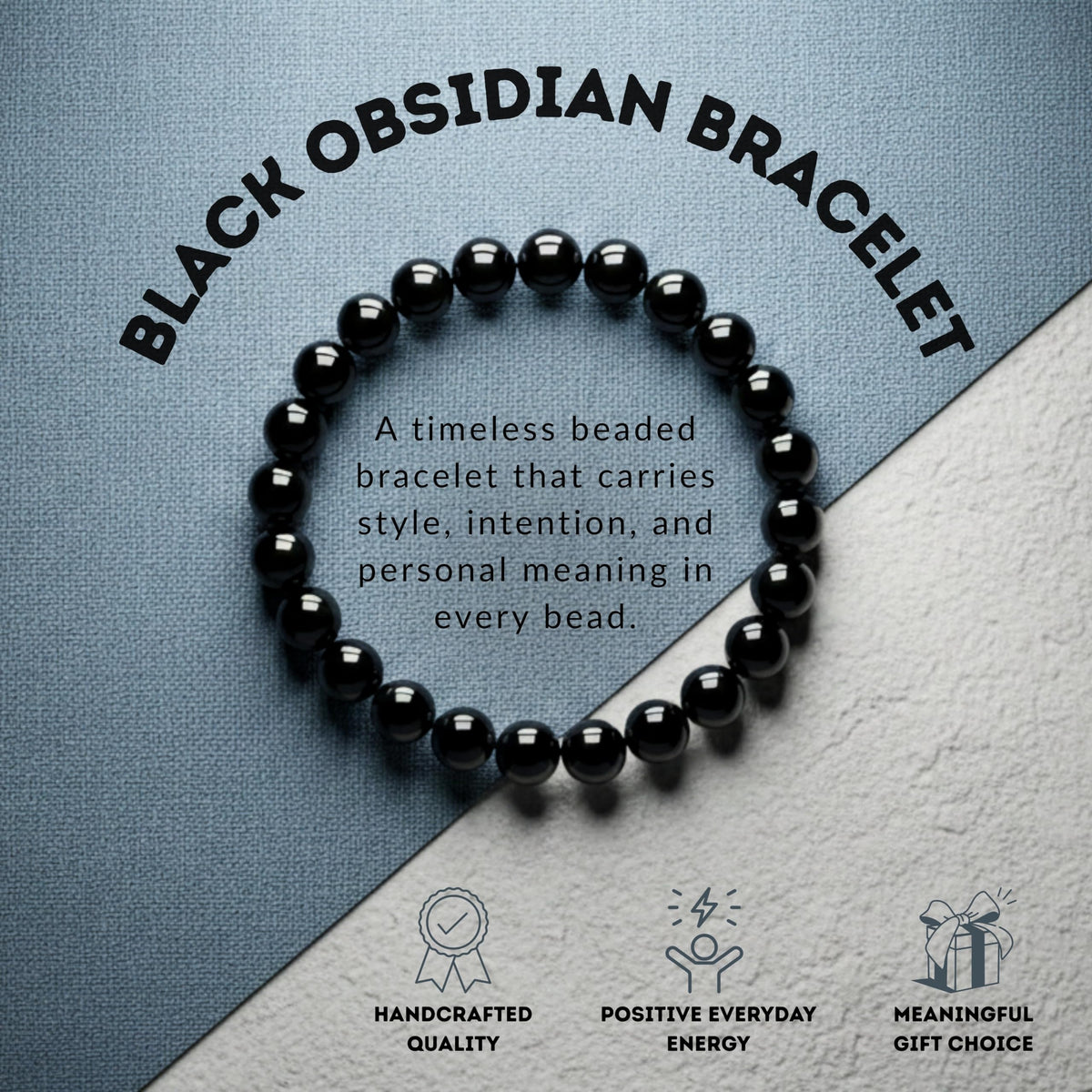 Cherry Tree Collection - Handmade Crystal Beaded Stretch Bracelets For Women and Men - Small, Medium, Large Sizes - Healing Properties Card - 8mm Round Beads (Black Obsidian - Medium)