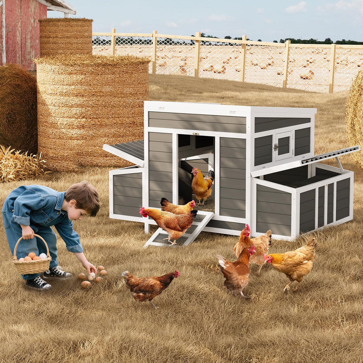 Large Wooden Chicken Coop,Wooden Hen House for 4-6 Chickens – Outdoor Poultry & Rabbit Cage with 6 Nesting Boxes, No-Slip Ramp, Pull-Out Tray, Openable Roof & Window