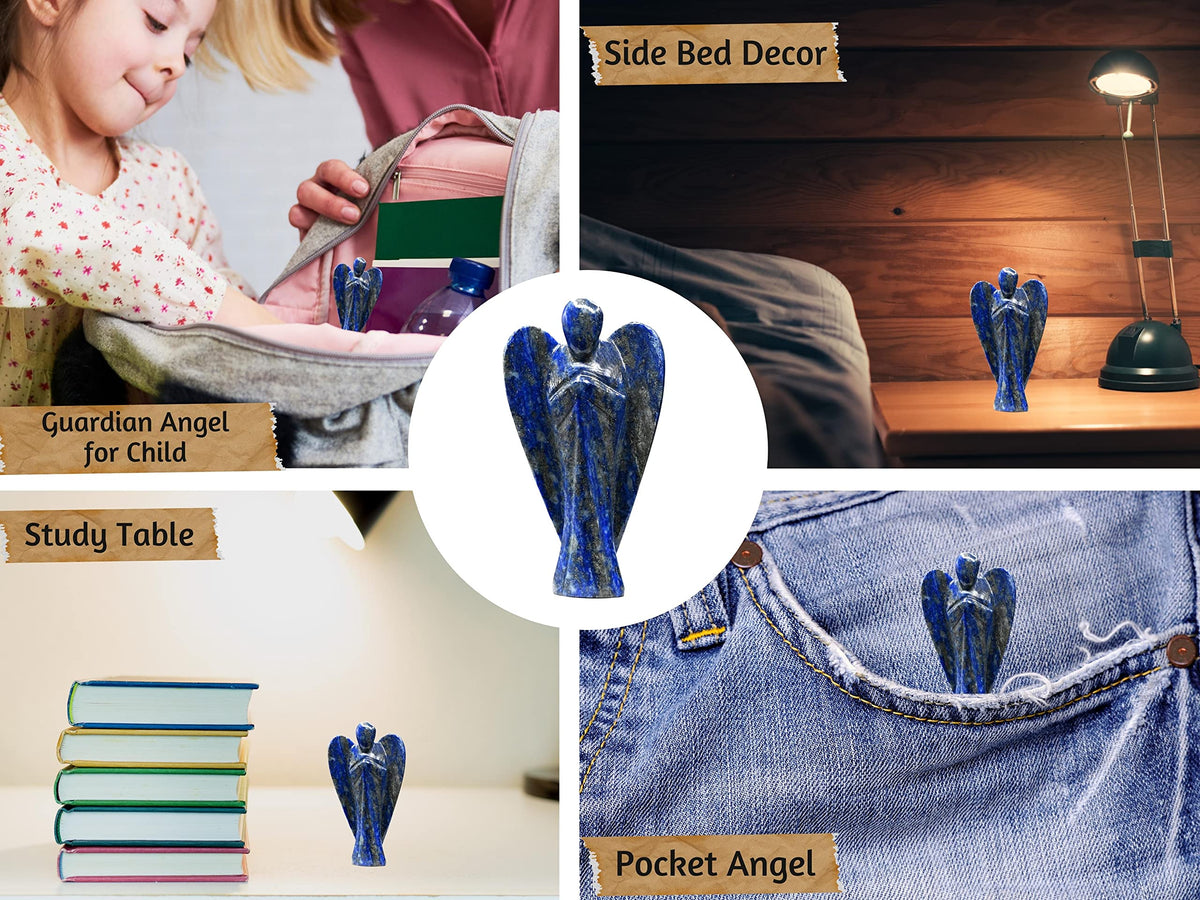 Amazing Gemstone Lapis Lazuli Crystal Guardian Angel Figurines Ornament for Healing Birthstone, Decoration Statue (Hand Carved Pocket Gemstone Angel) (3 inch)