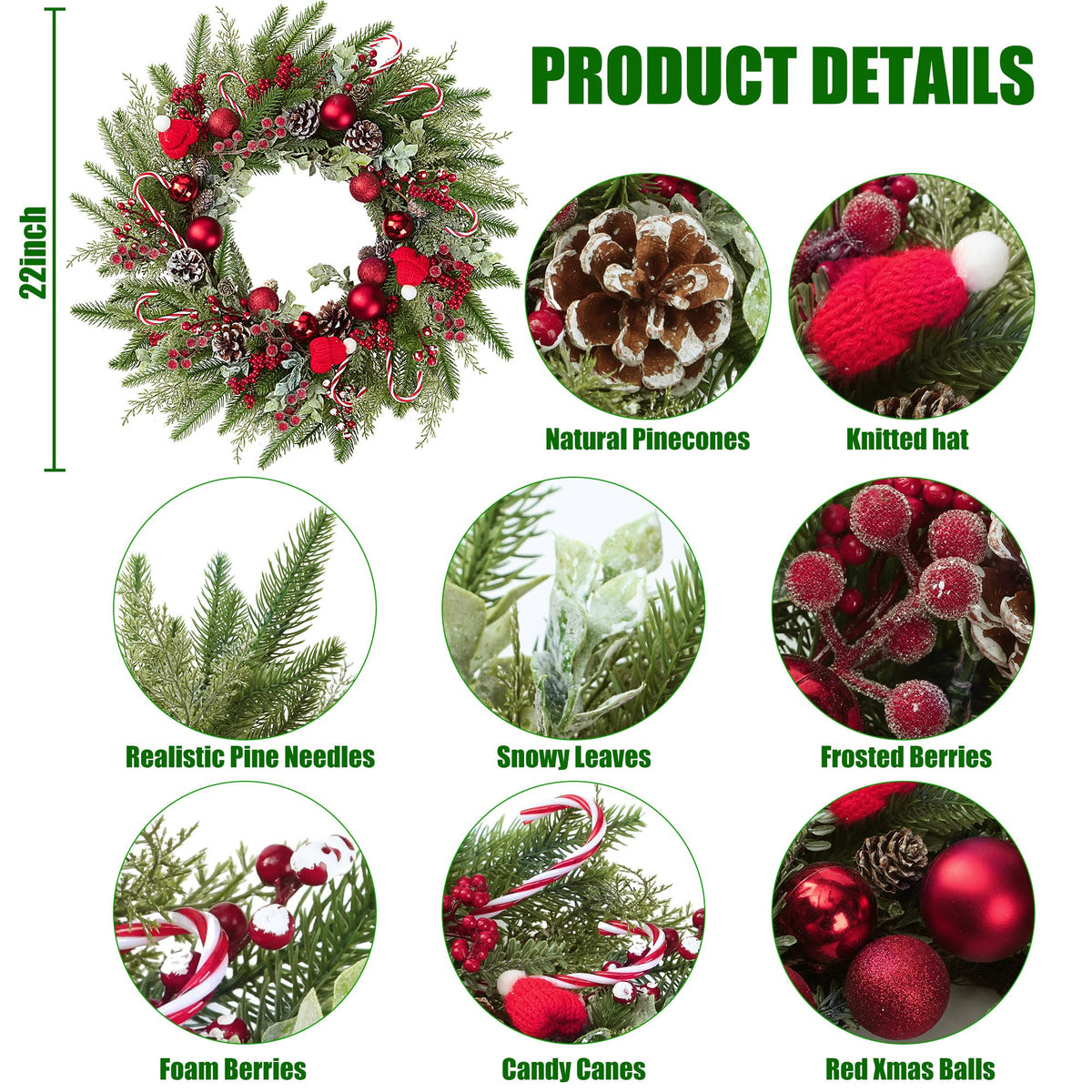 22’’ Artificial Christmas Wreath for Front Door with Red Balls Candy Canes Pine Needles Red Berries Pine Cones Christmas Decorations for Winter Wall Outdoor Home Holiday Xmas Decor