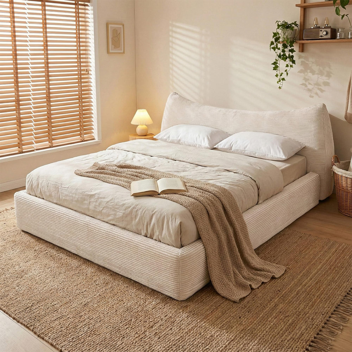 Homkdom Cloud Bed Frame with 9.4" Extra Thick Soft Headboard, Anti-Collision Round Corner Soft Queen Bed Frame for Modern Bedroom,Apartments,Bed Frame Queen Size with No Box Spring Needed,Beige