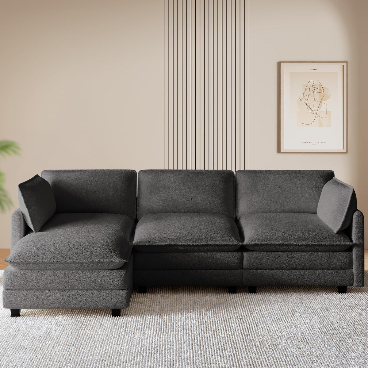 ROWHY 112'' Sectional Cloud Couch with Movable Ottoman, 4 Seat Modern Chenille Modular Sofa with 2 Throw Pillows, Deep Seat L Shaped Couch for Living Room Bedroom Apartment, Dark Grey