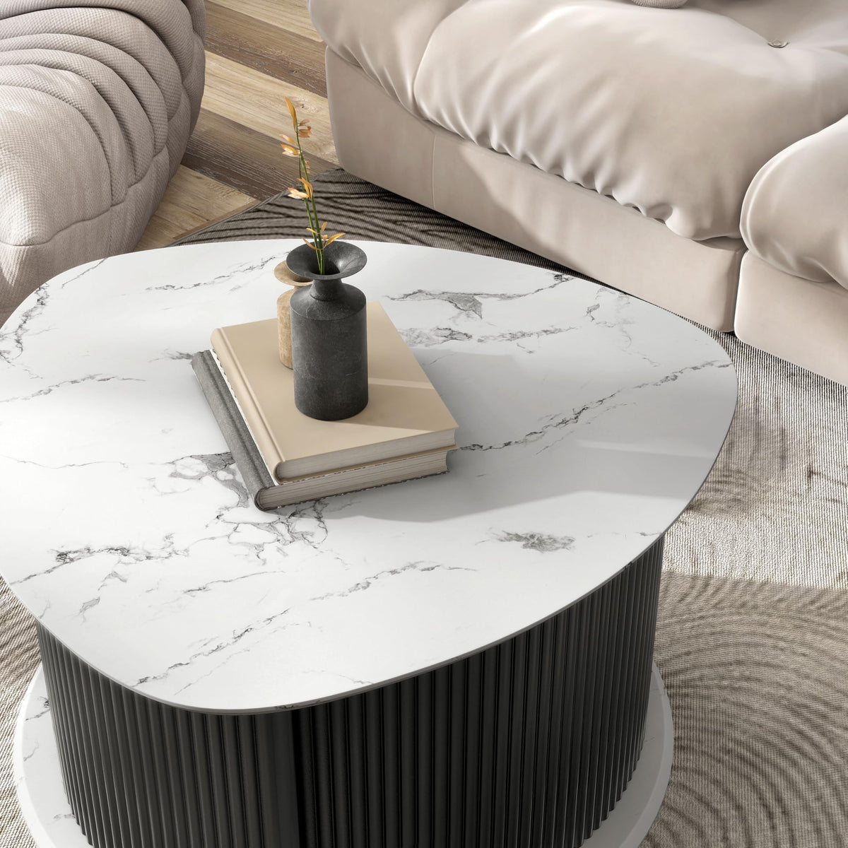 HOMES: Inside + Out Elara Modern 29-inch Triangle Coffee Table with Marble Tabletop, Fluted Iron Pedestal Base and Hidden Storage for Small Space, Living Room, Home Office, Black