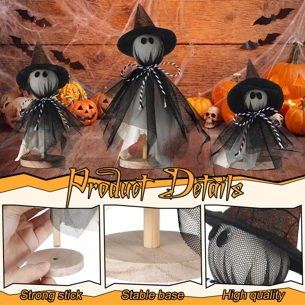 Redbaker 3 Pcs Halloween Decorations Indoor Primitive Halloween Ghost with Witch Hat on Wood Stand Spooky Ghost Tiered Tray Decor Rustic Table Centerpiece for Home Office Mantel Shelf (Black, Gothic)
