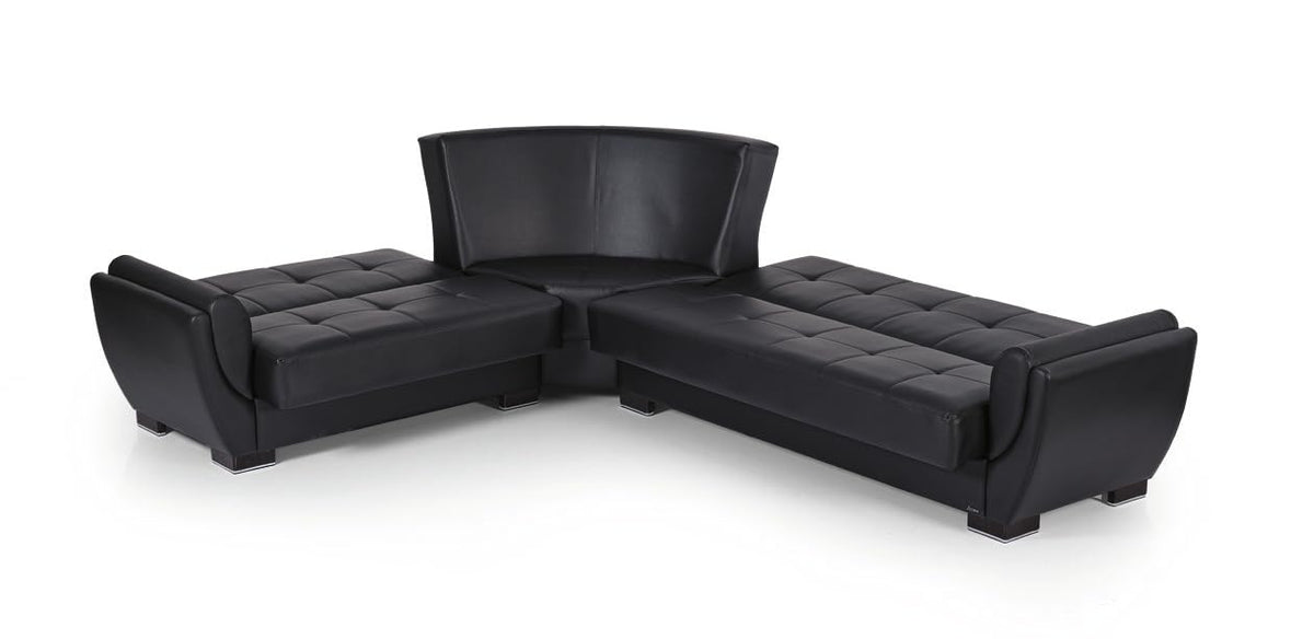 Ottomanson Convertible Sectional Sofa Bed with Hidden Storage & Click-Clack Sit-to-Sleep Sleeper Conversion – Rounded Arm, Firm Support L-Shaped Corner Couch Bed for Living Room & Guest Room, Black