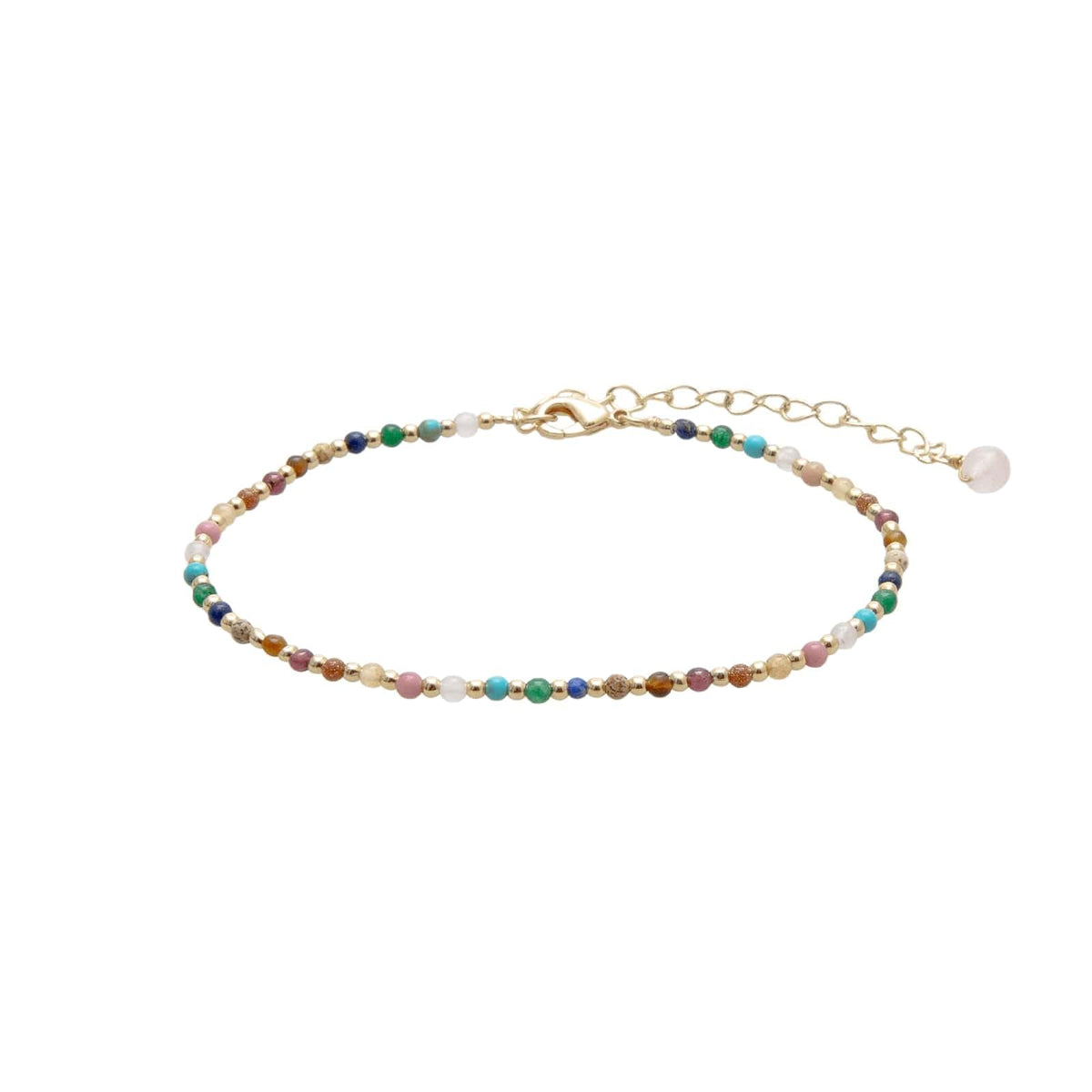Lotus and Luna 2MM Master Healer Energy Chakra Healing Dainty Anklet with Real Stones Jade, Pearl, Rose Quartz, Amethyst, Moonstone (Yellow Gold)